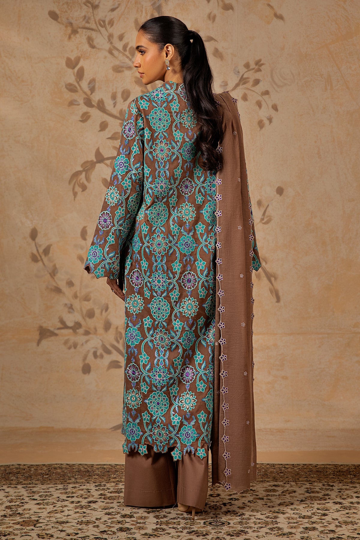 3 Piece - Dyed & Embroidered Malmal Suit - MC1215-27 - Shop Now at Kayseria