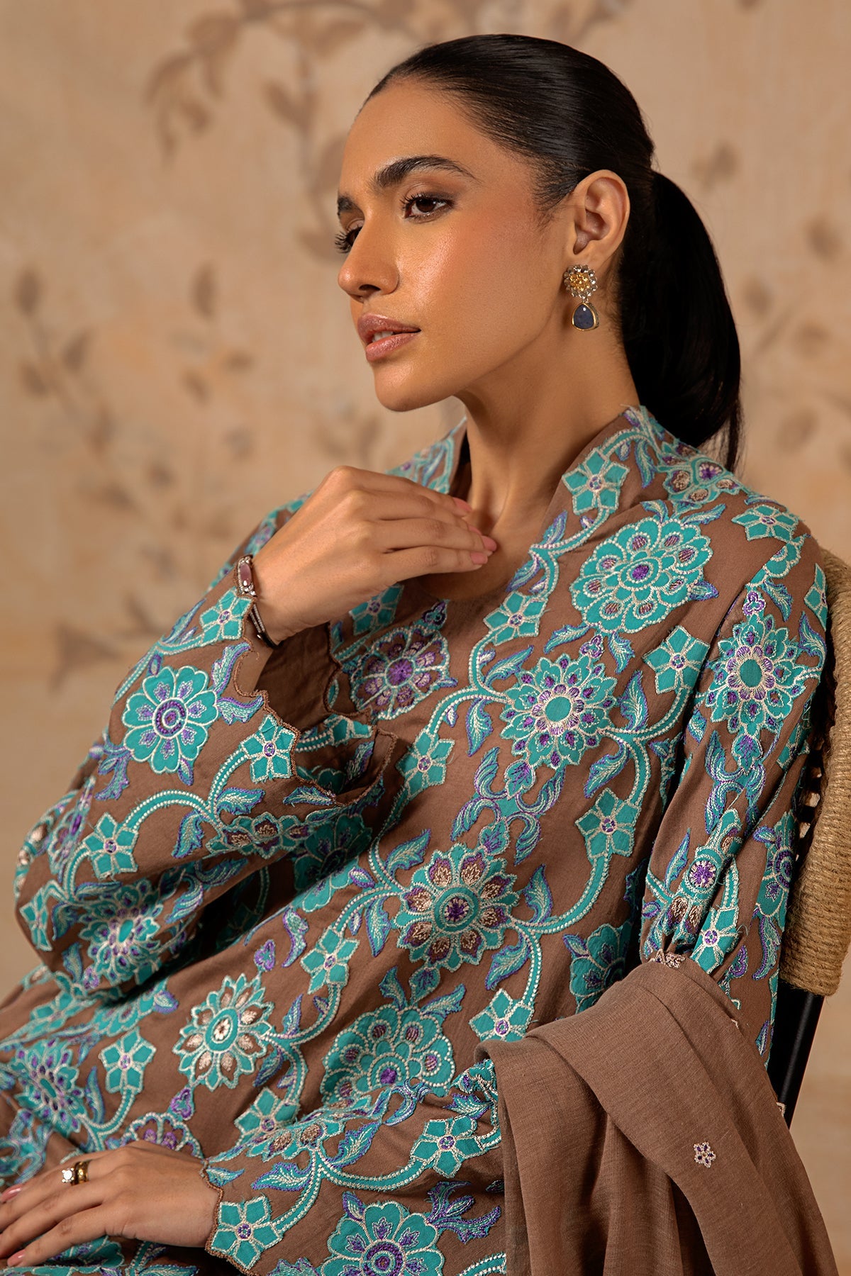 3 Piece - Dyed & Embroidered Malmal Suit - MC1215-27 - Shop Now at Kayseria