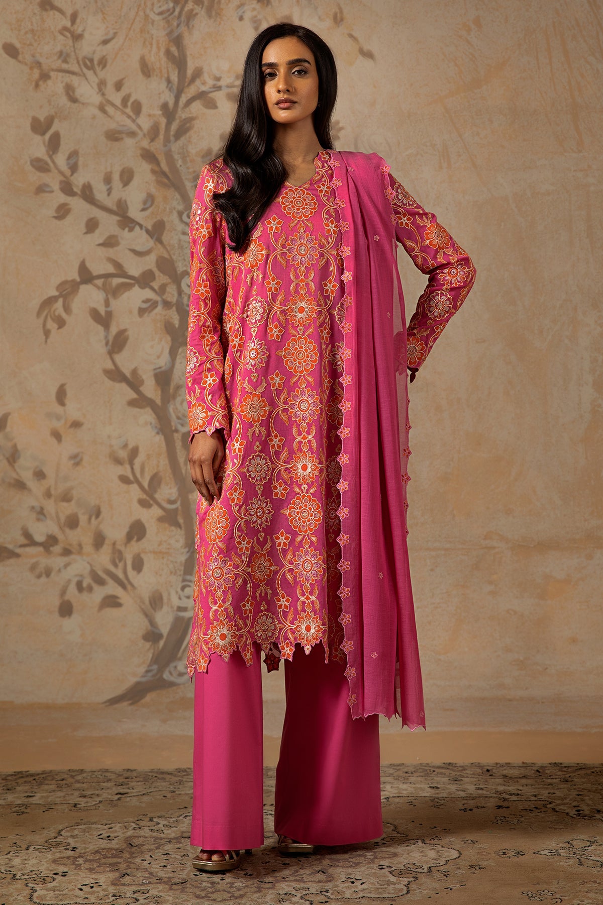 3 Piece - Dyed & Embroidered Malmal Suit - MC1215-19 - Shop Now at Kayseria