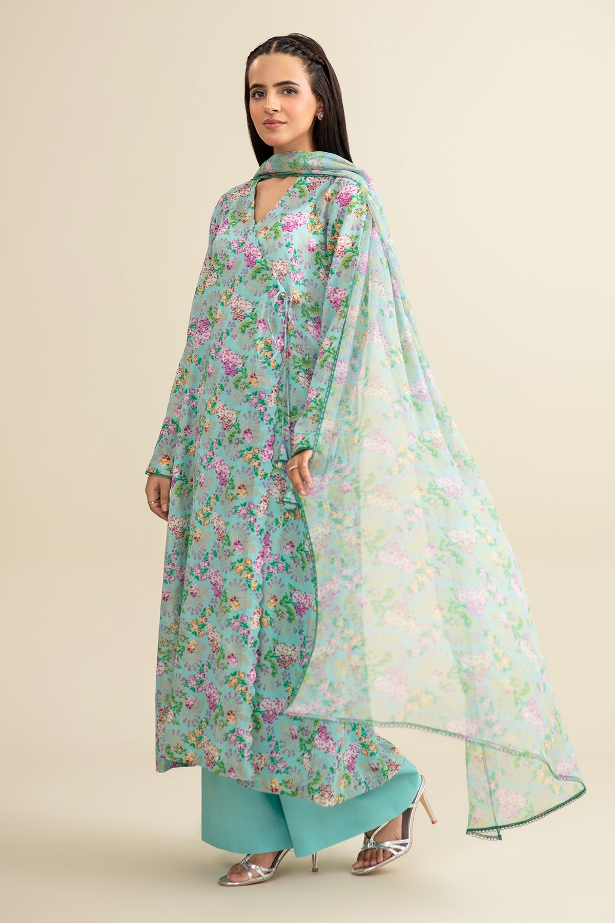3 Piece - Printed & Embroidered Malmal Suit - MC1813-1 - Shop Now at Kayseria