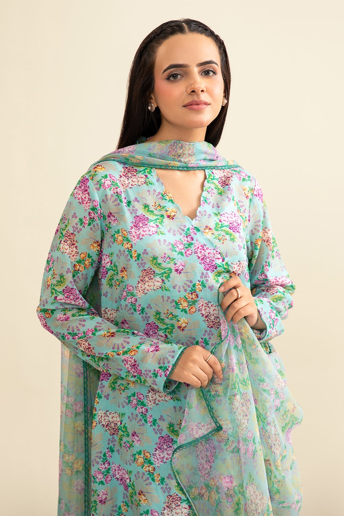 3 Piece - Printed & Embroidered Malmal Suit - MC1813-1 - Shop Now at Kayseria