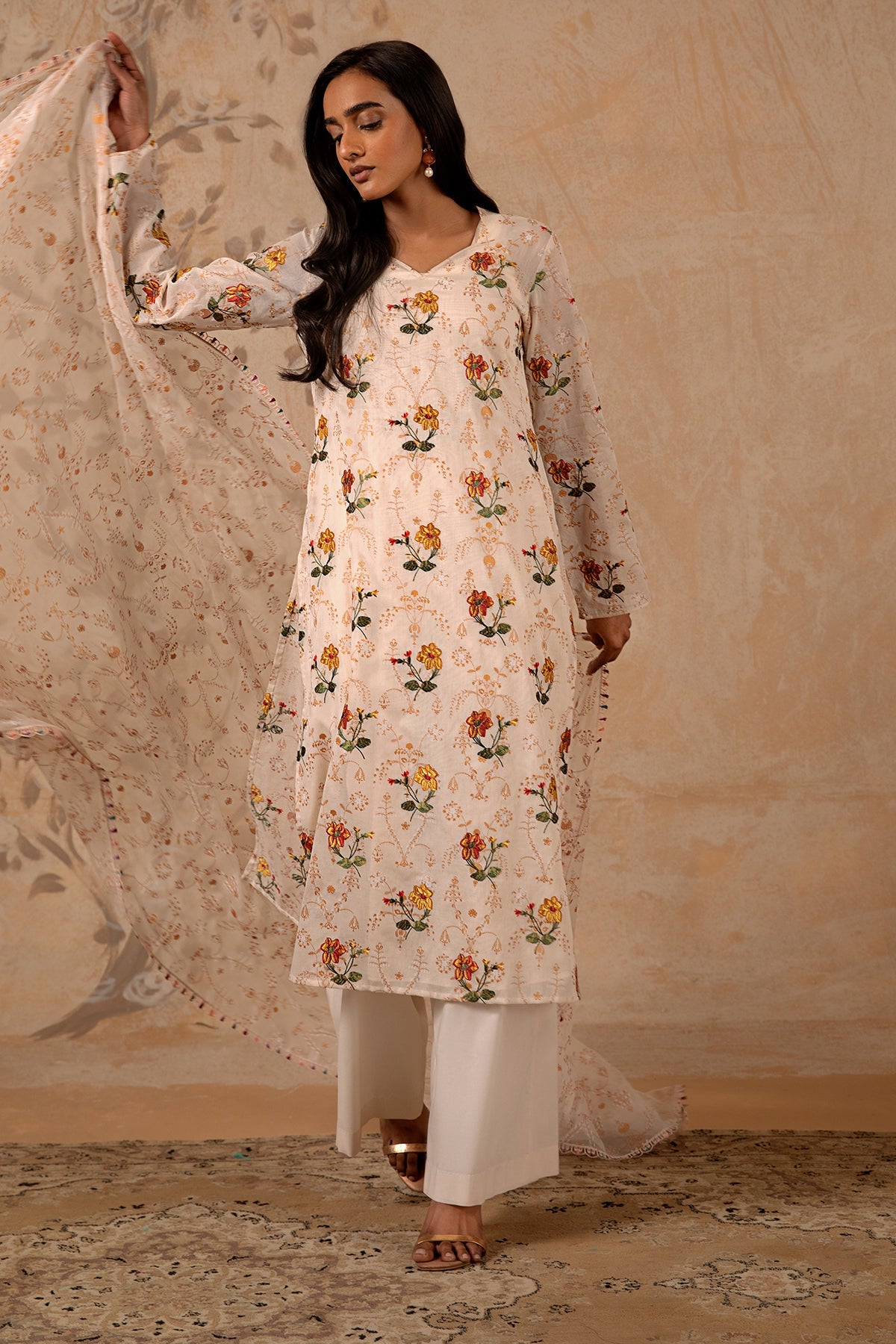 3 Piece - Printed & Embroidered Malmal Suit - MC1234-2 - Shop Now at Kayseria