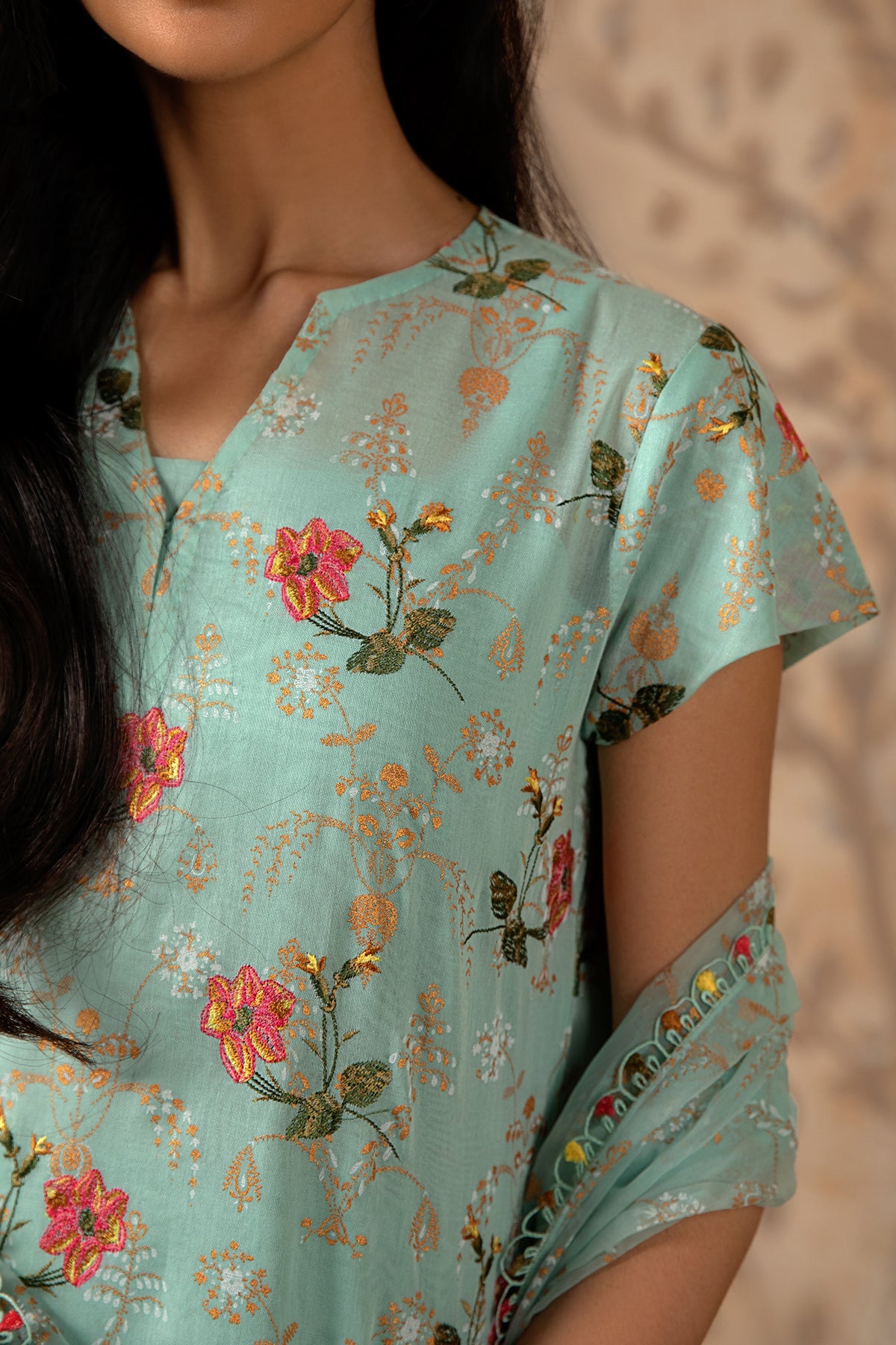3 Piece - Printed & Embroidered Malmal Suit - MC1234-1 - Shop Now at Kayseria