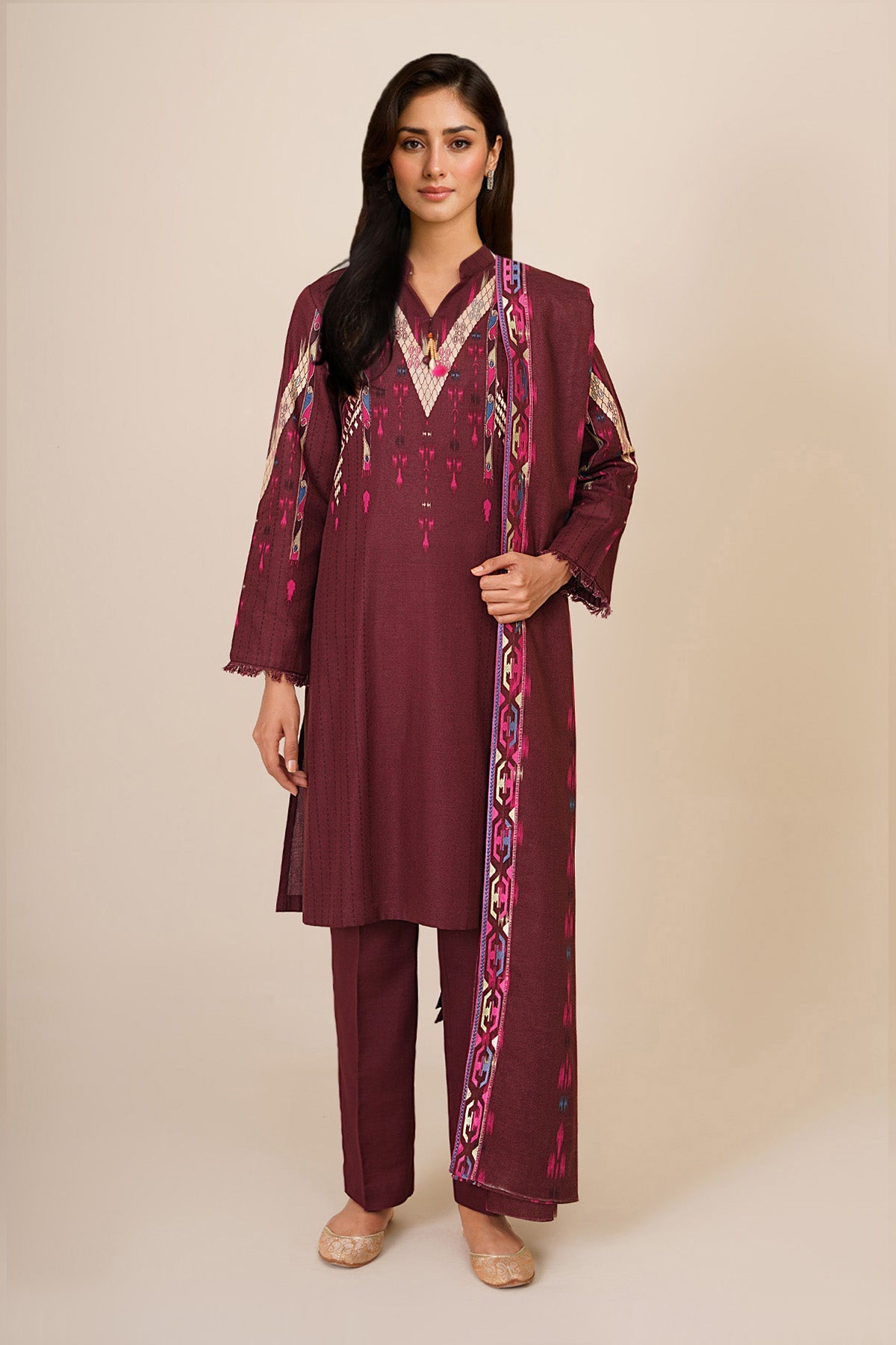 3 Piece - Printed & Embroidered Khaddar Suit - C6389 - Shop Now at Kayseria