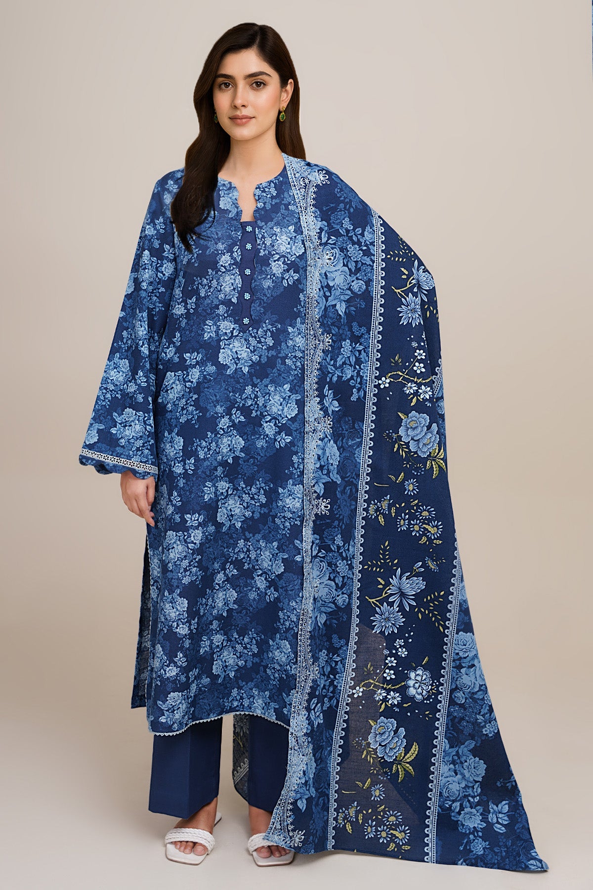 3 Piece - Printed & Embroidered Slub Khaddar Suit - C6401 - Shop Now at Kayseria