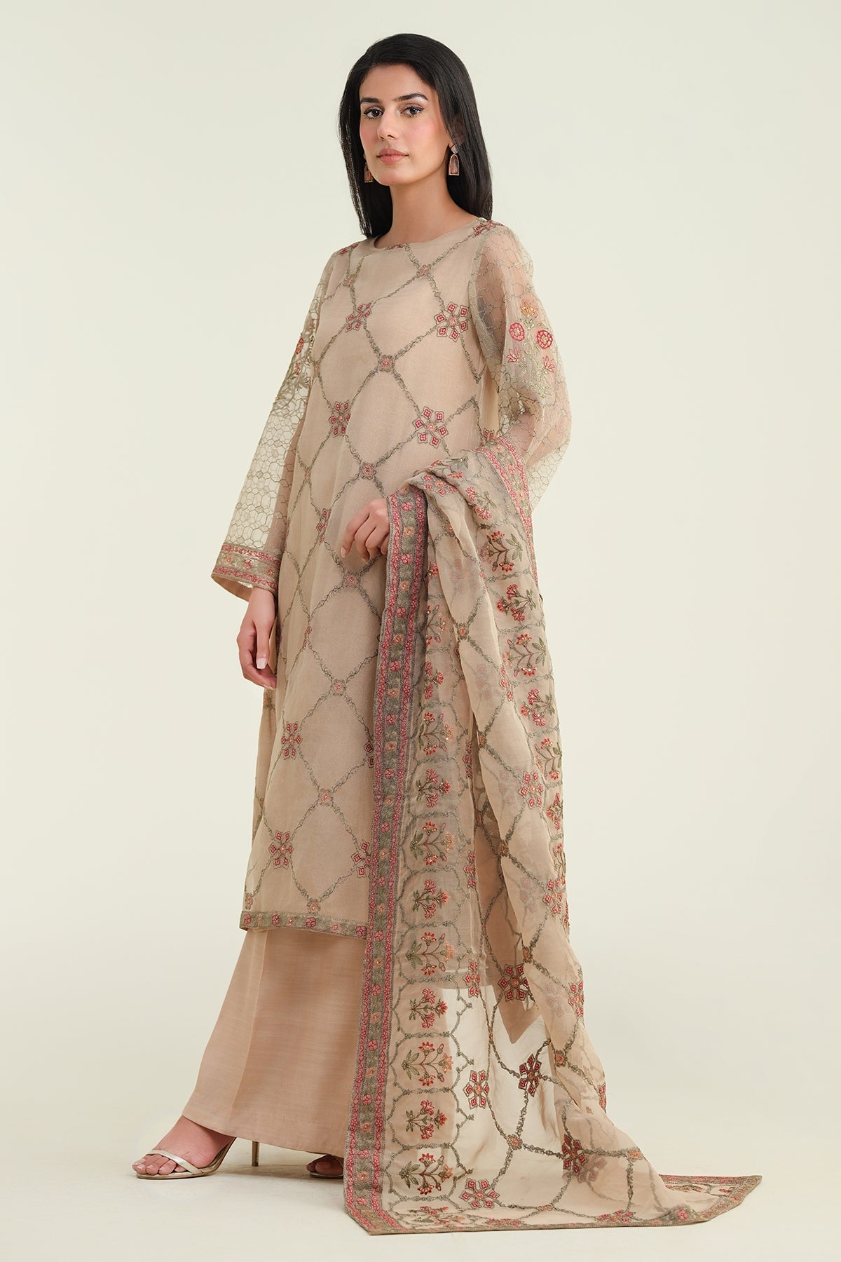 3 Piece - Embroidered & Embellished Pure Organza Suit - E1428-1 - Shop Now at Kayseria