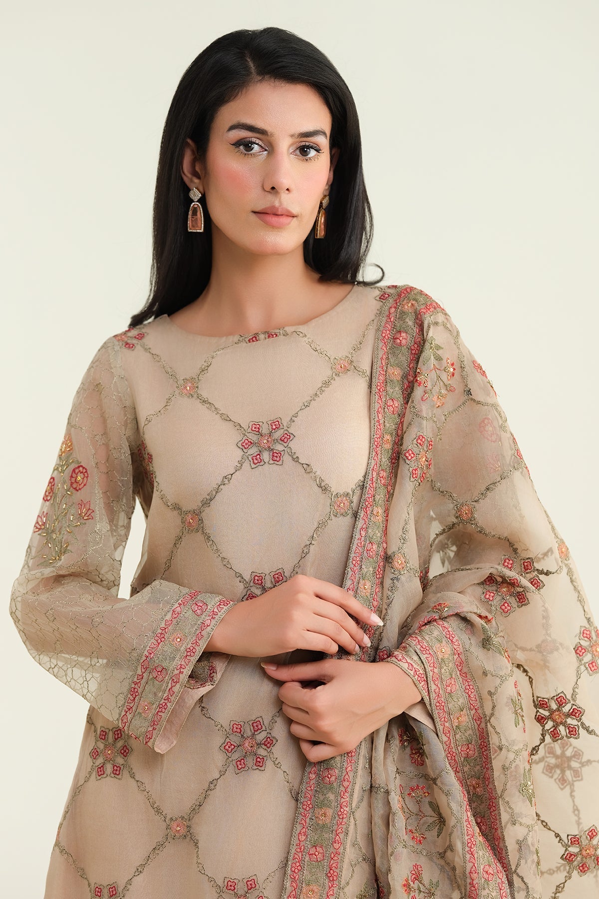 3 Piece - Embroidered & Embellished Pure Organza Suit - E1428-1 - Shop Now at Kayseria