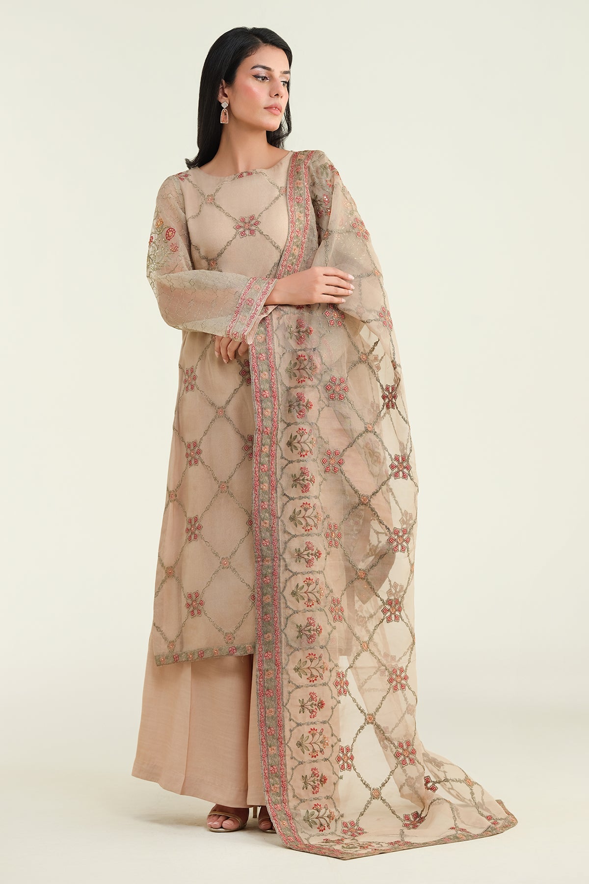 3 Piece - Embroidered & Embellished Pure Organza Suit - E1428-1 - Shop Now at Kayseria