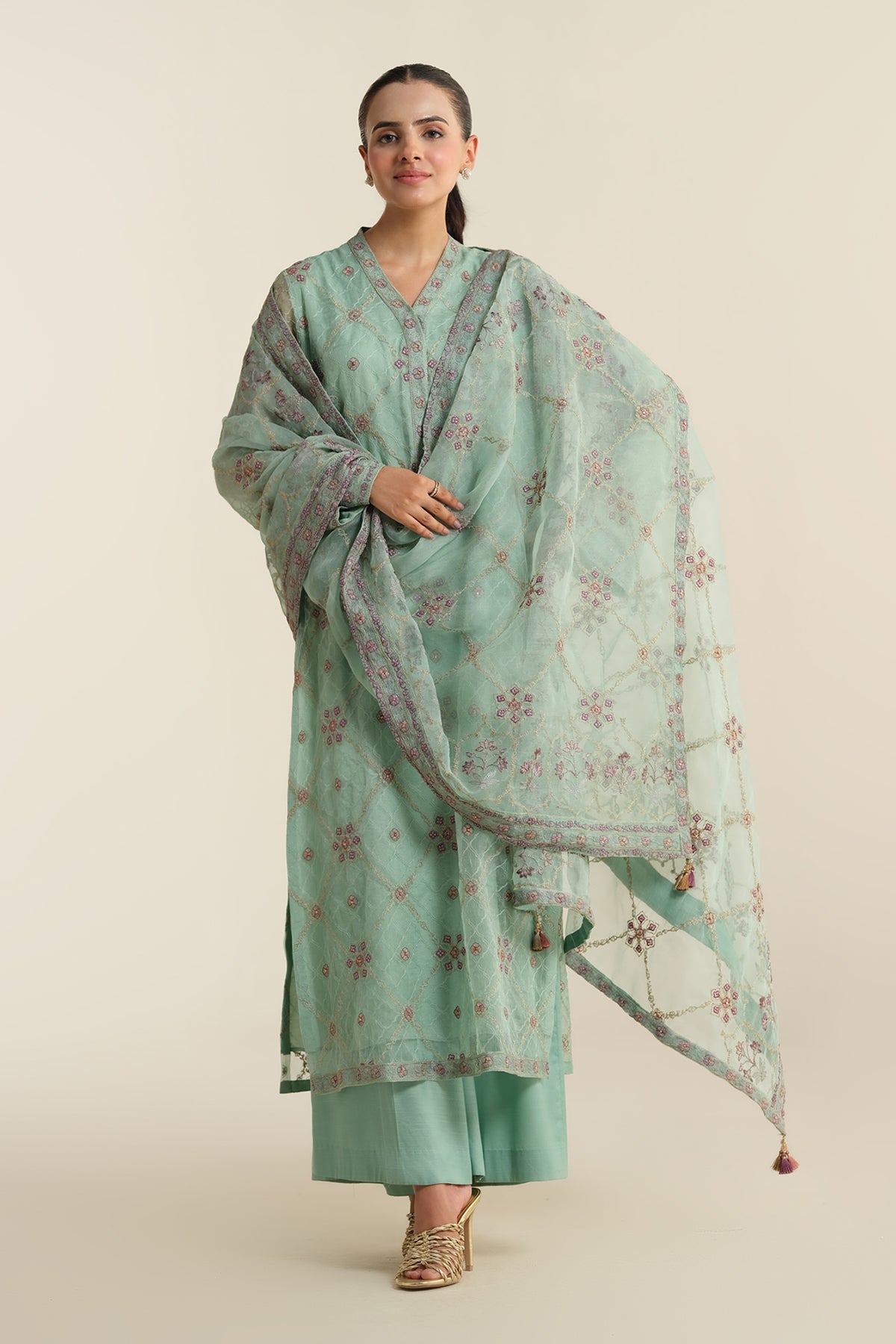 3 Piece - Embellished Pure Organza Suit - E1428-2 - Shop Now at Kayseria