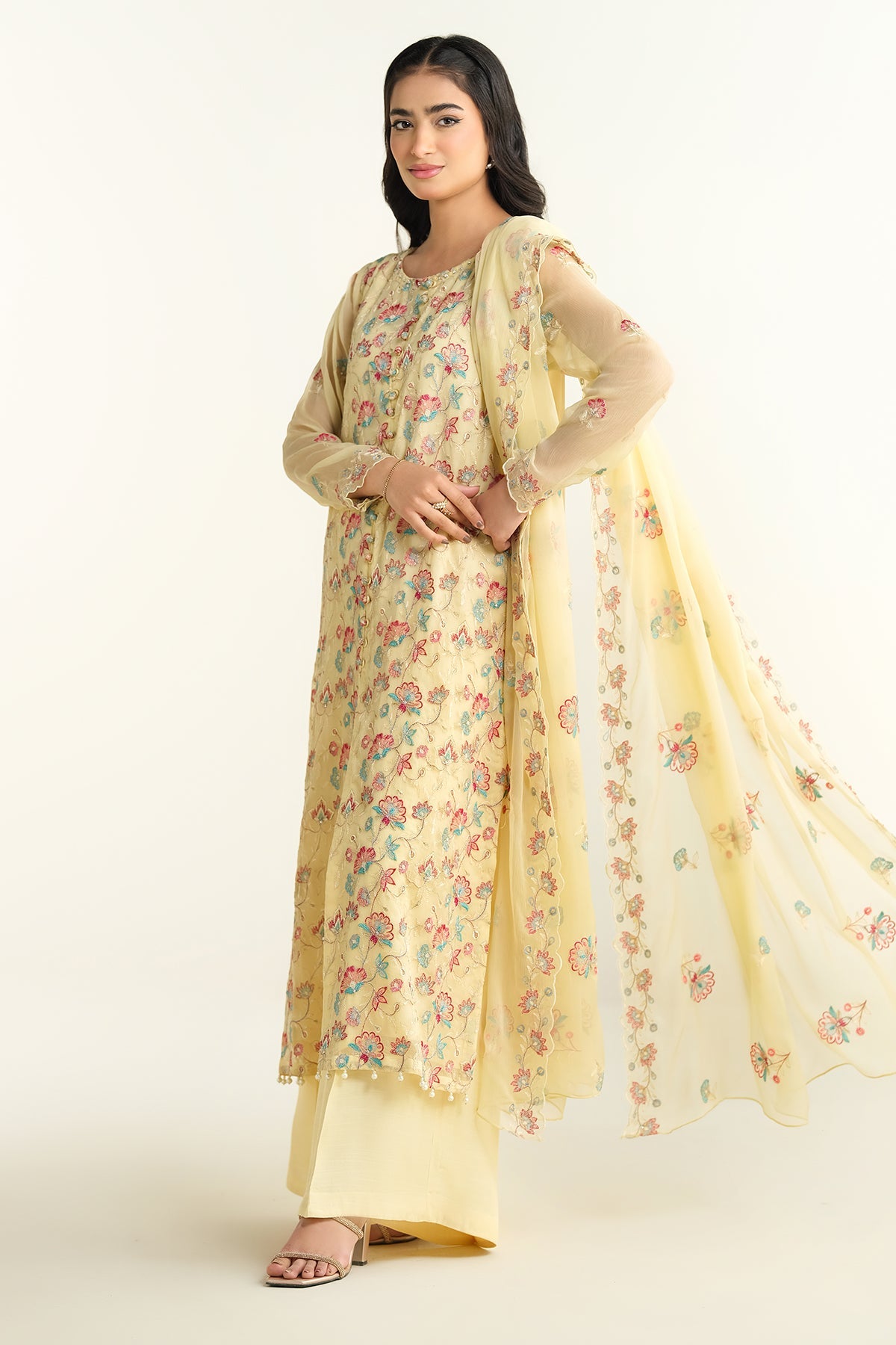 3 Piece - Embroidered & Embellished Bamber Chiffon Suit - E1651 - Shop Now at Kayseria