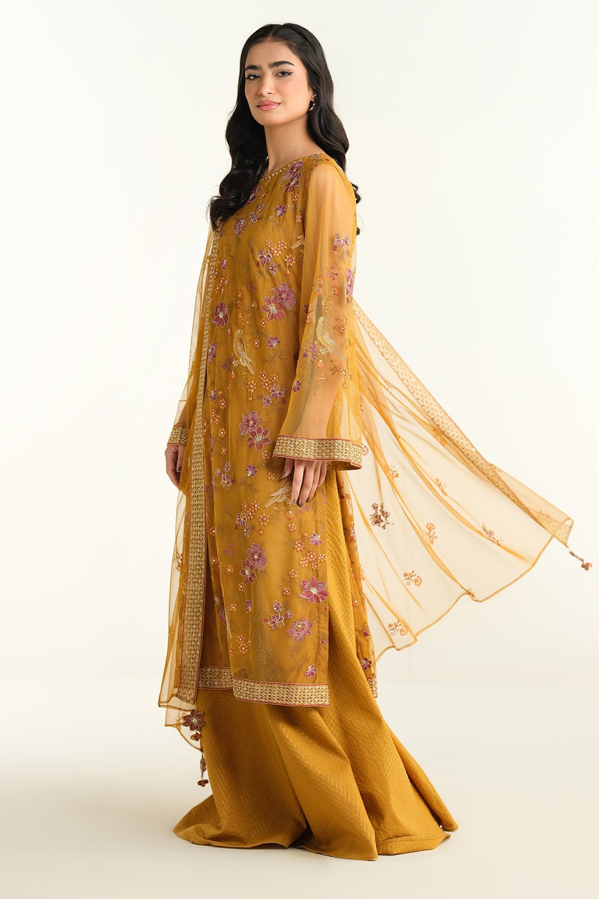 4 Piece - Embroidered & Embellished Poly Net Suit - E1663 - Shop Now at Kayseria