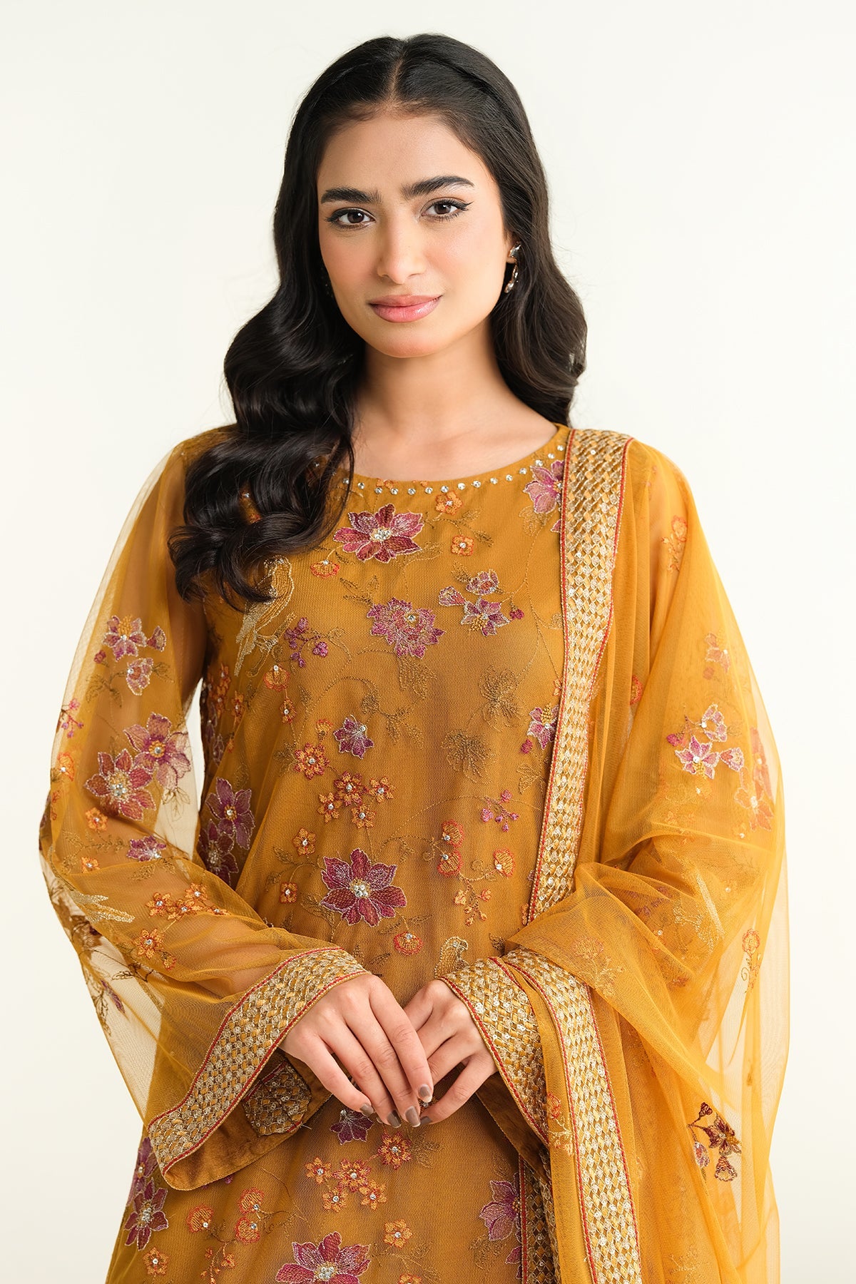 4 Piece - Embroidered & Embellished Poly Net Suit - E1663 - Shop Now at Kayseria