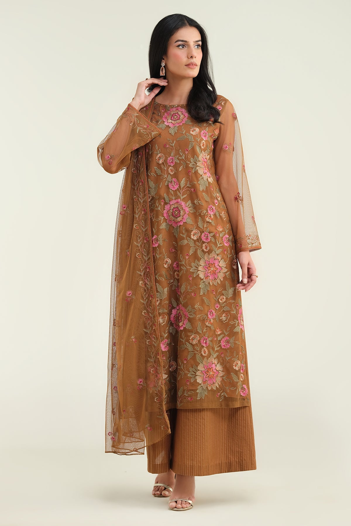 4 Piece - Embroidered & Embellished Poly Net Suit - E1697 - Shop Now at Kayseria