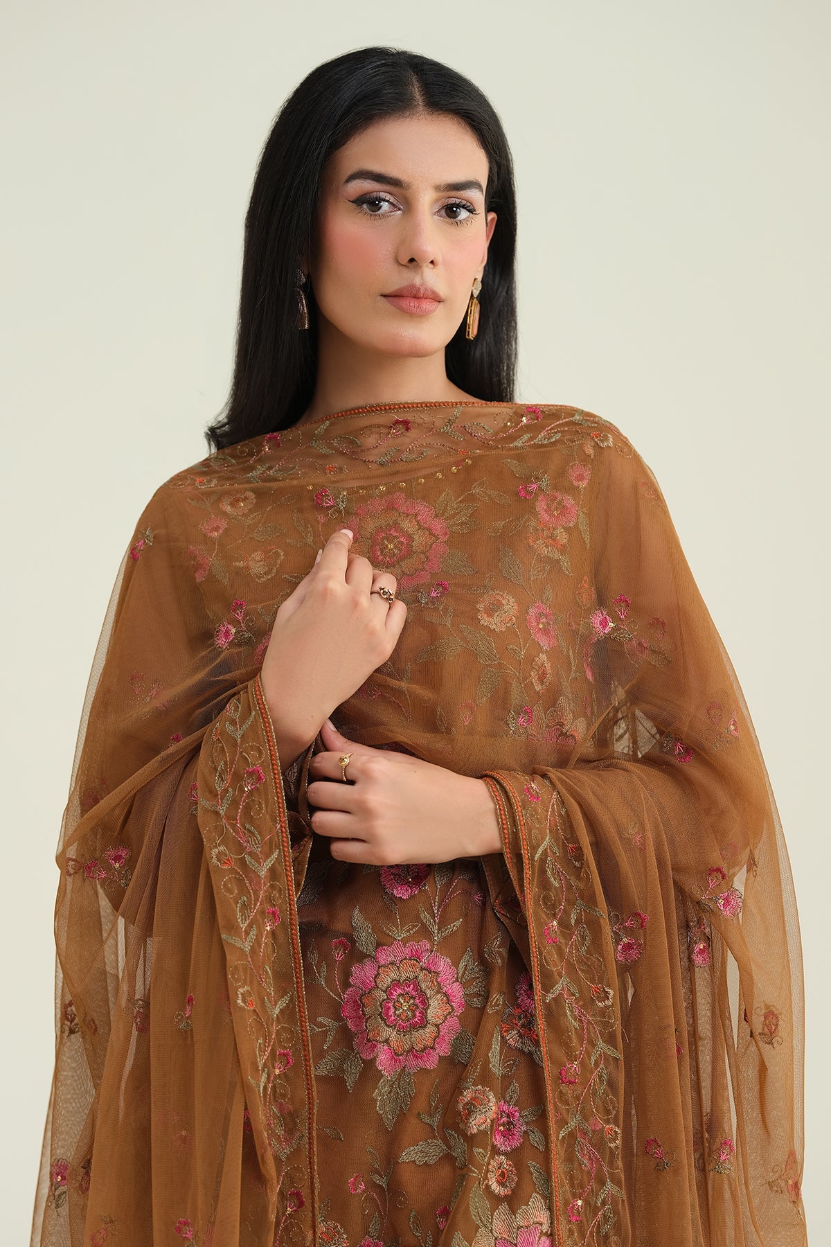 4 Piece - Embroidered & Embellished Poly Net Suit - E1697 - Shop Now at Kayseria