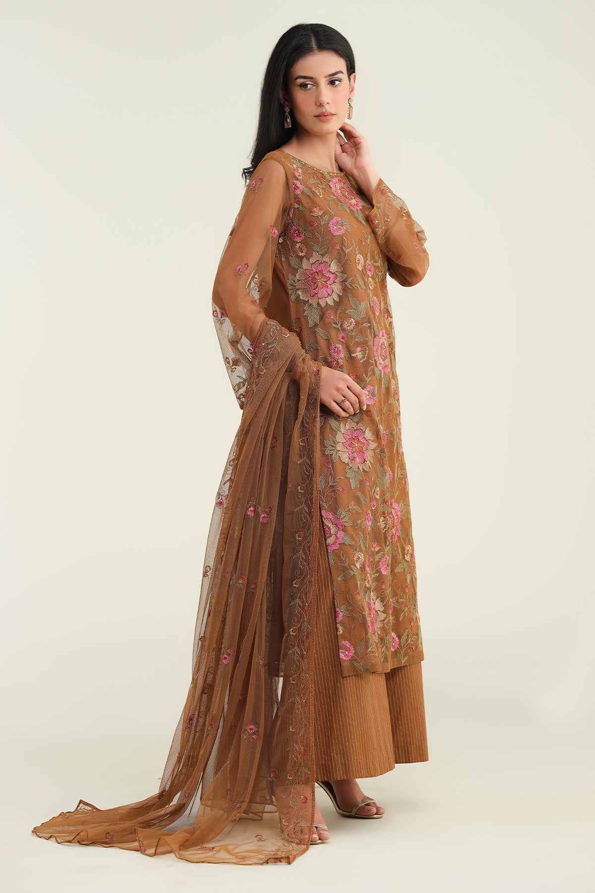 4 Piece - Embroidered & Embellished Poly Net Suit - E1697 - Shop Now at Kayseria