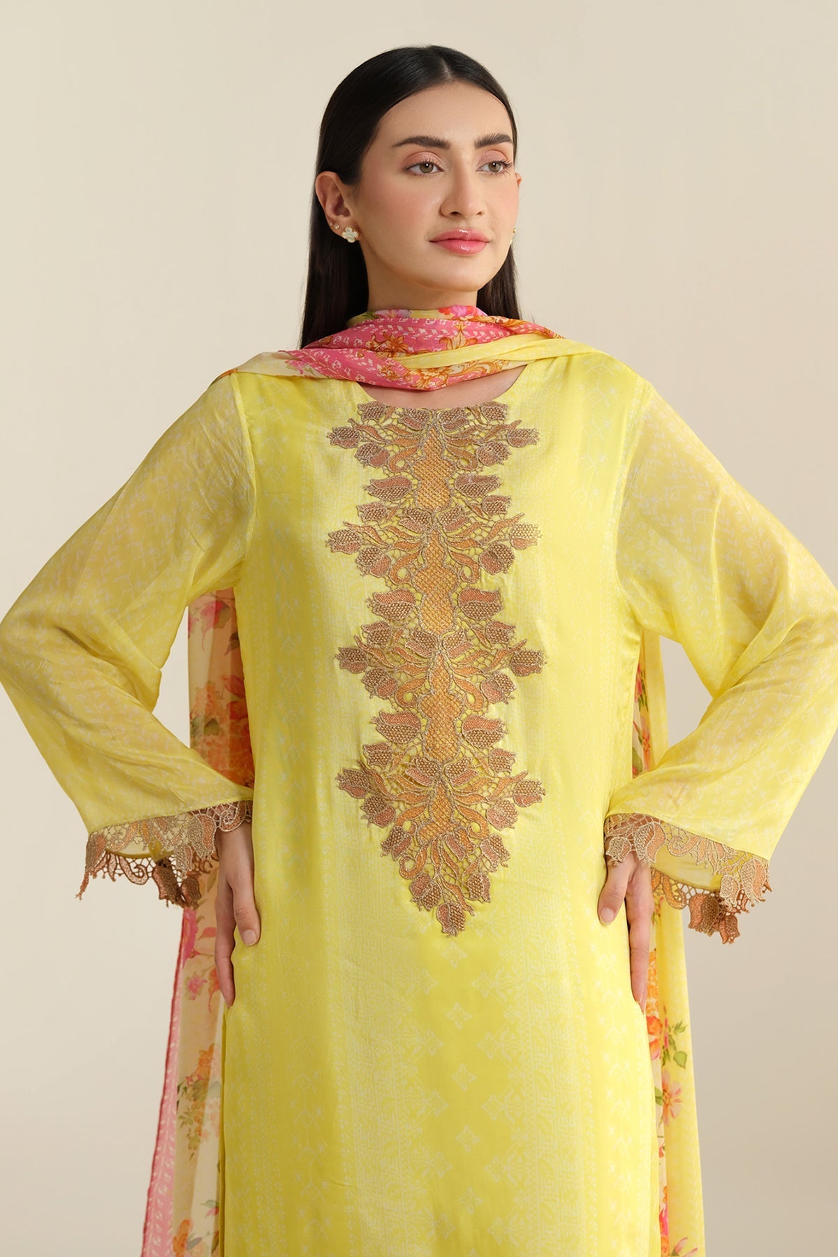 3 Piece - Printed & Embroidered China Silk Suit - E1717 - Shop Now at Kayseria