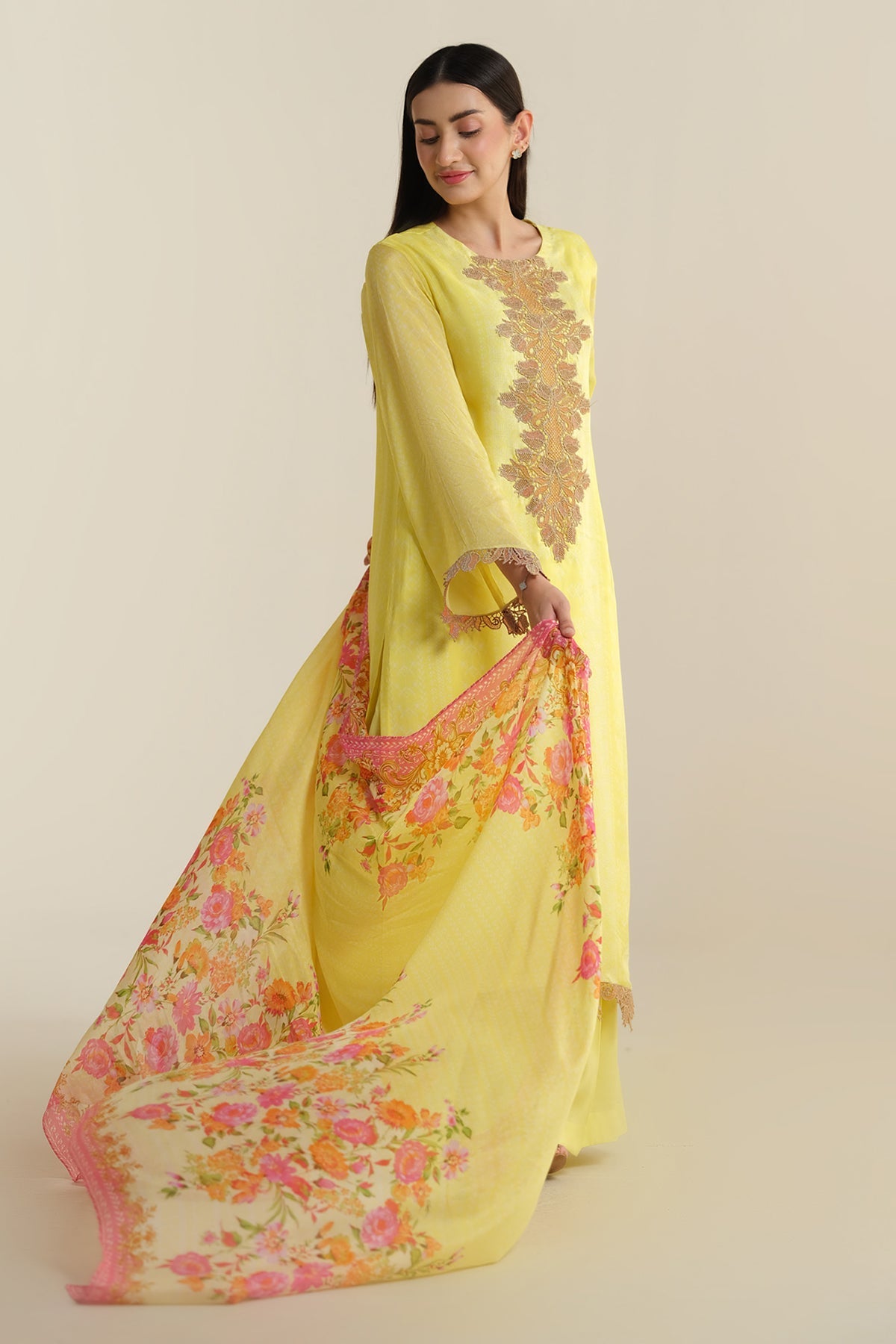 3 Piece - Printed & Embroidered China Silk Suit - E1717 - Shop Now at Kayseria