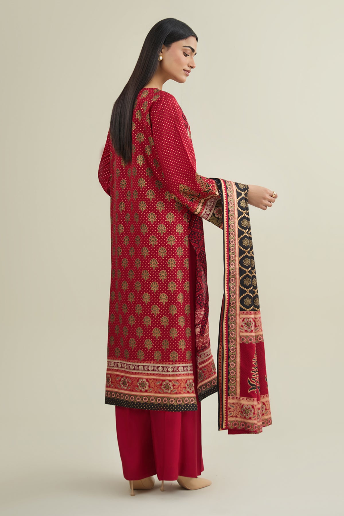 3 Piece - Printed & Embroidered Raw Silk Suit - E1787 - Shop Now at Kayseria