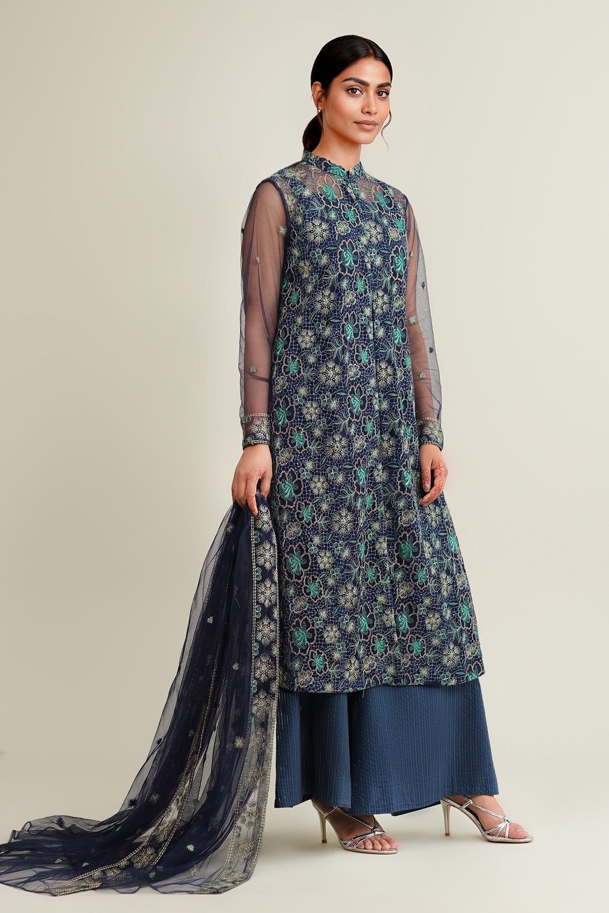 4 Piece - Embroidered Hexa Poly Net Suit - E1794 - Shop Now at Kayseria