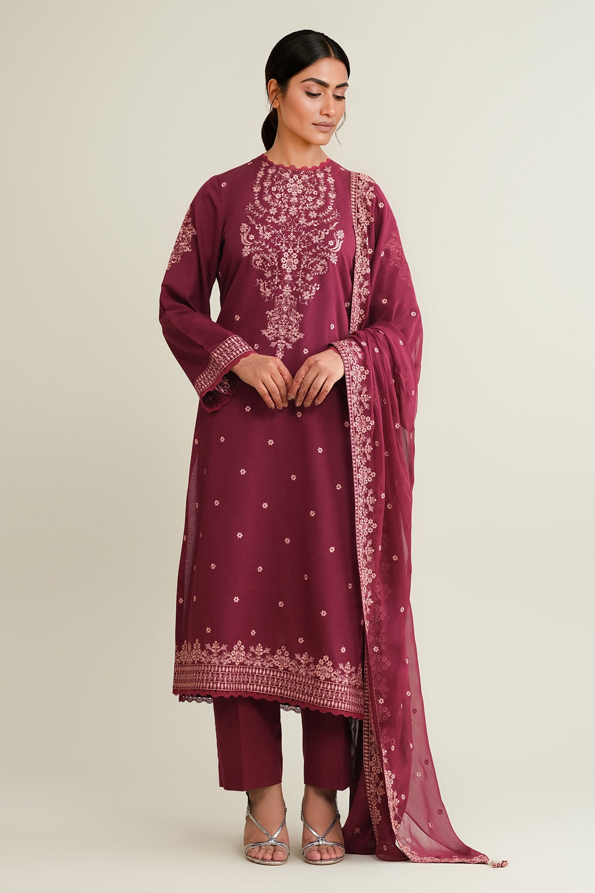 3 Piece - Embroidered Viscose Karandi Suit - E1841 - Shop Now at Kayseria