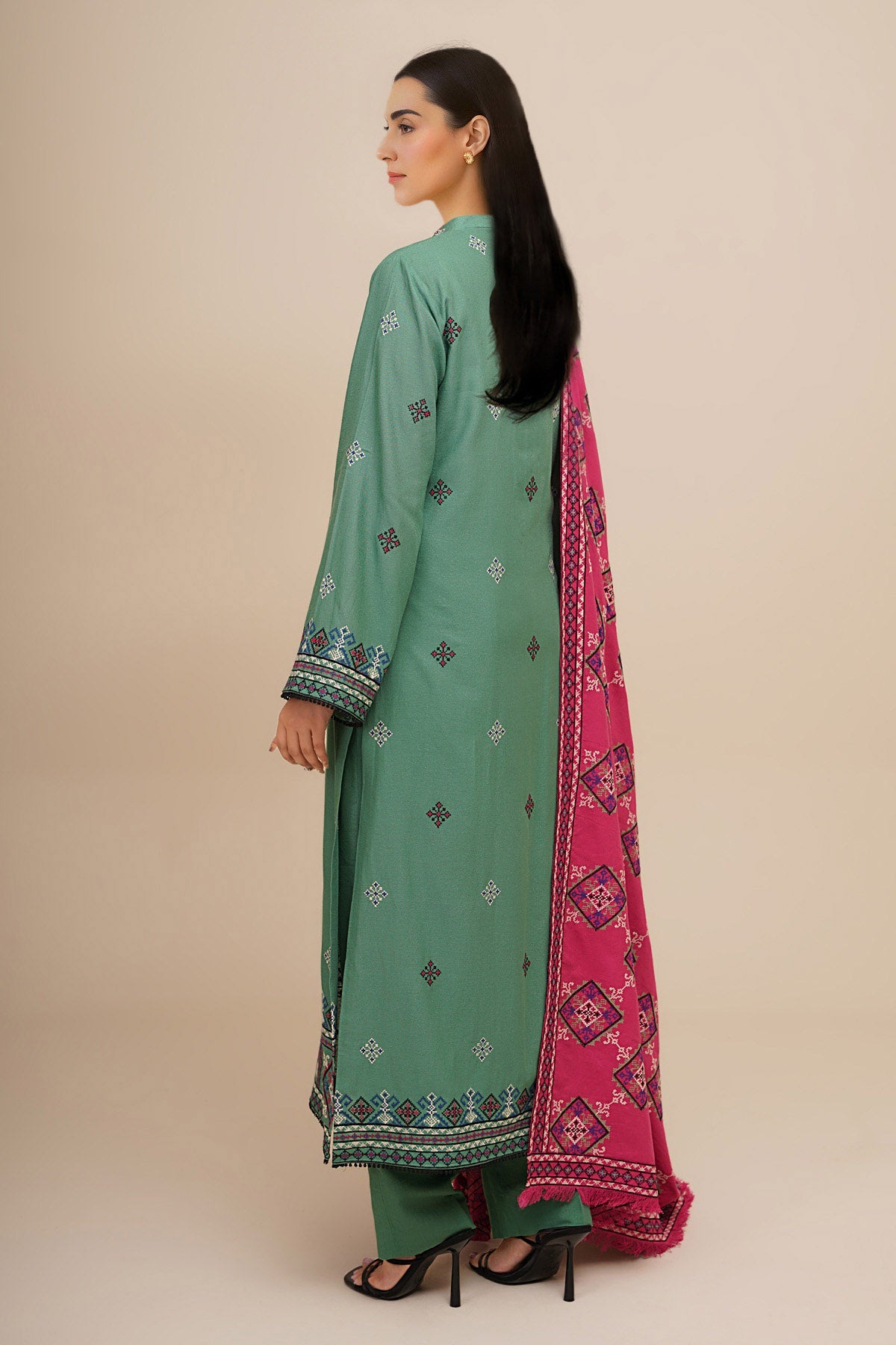 3 Piece - Embroidered Viscose Karandi Suit - E1844 - Shop Now at Kayseria