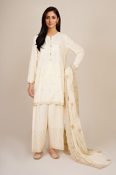 3 Piece - Embroidered & Embellished Raw Silk Suit - KPS25-P3192 - Shop Now at Kayseria
