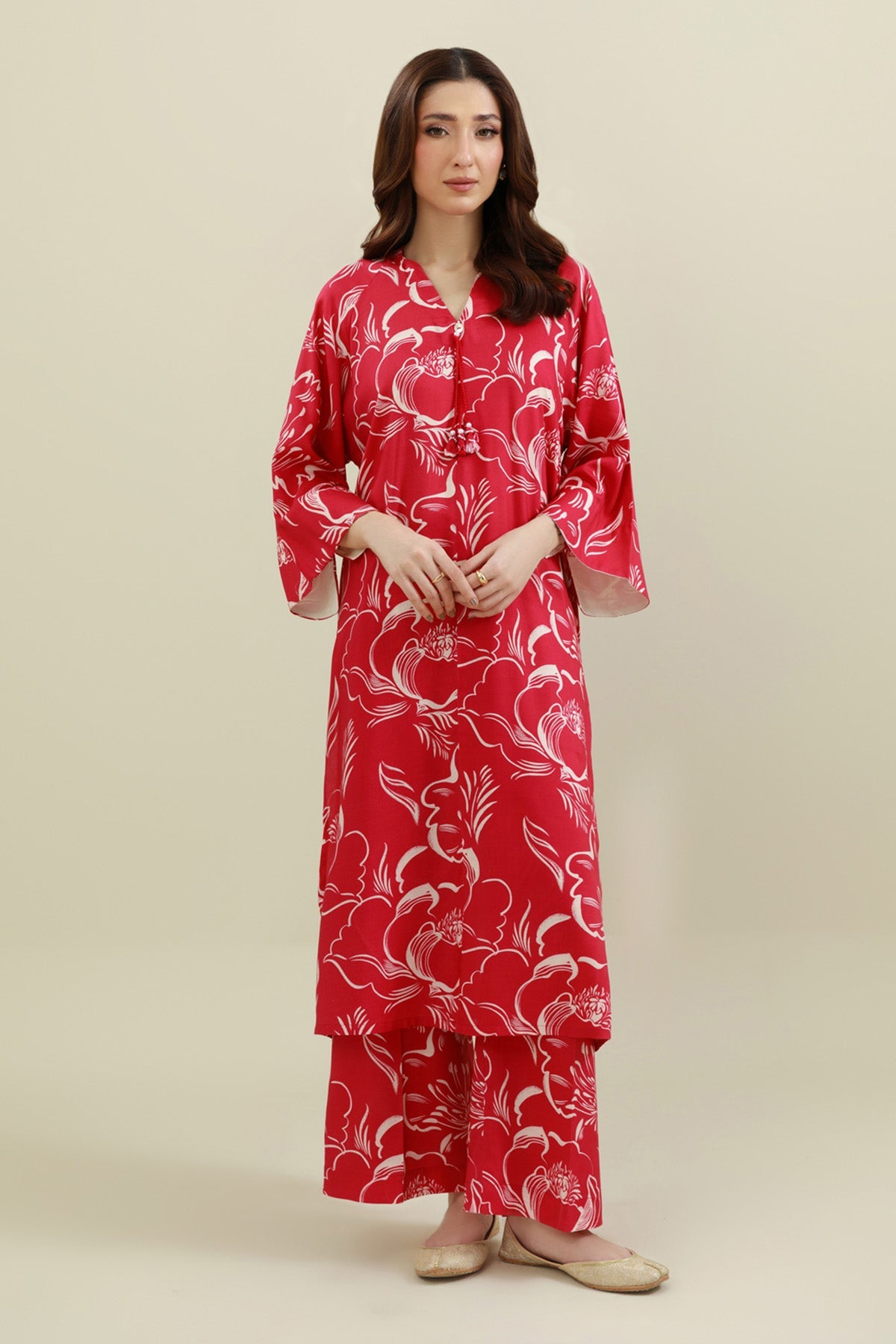 2 Piece - Printed & Embellished Linen Suit - KPW25-P3795 - Shop Now at Kayseria
