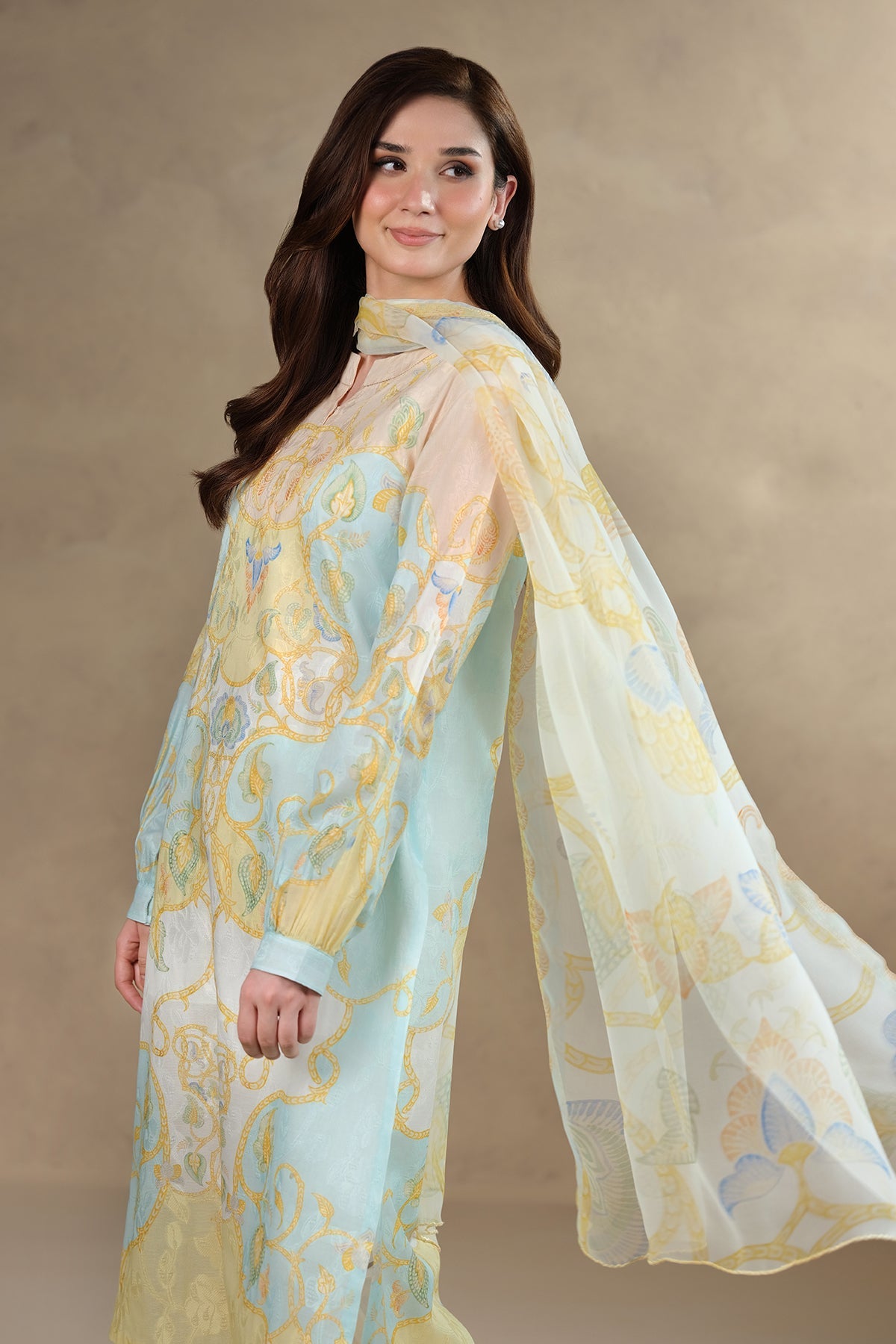 3 Piece - Printed & Embroidered Self Jacquard Suit - MC1804 - Shop Now at Kayseria