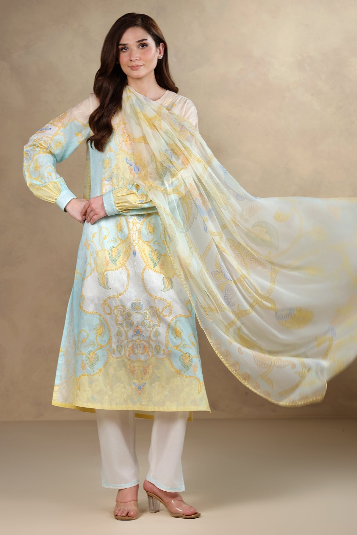 3 Piece - Printed & Embroidered Self Jacquard Suit - MC1804 - Shop Now at Kayseria