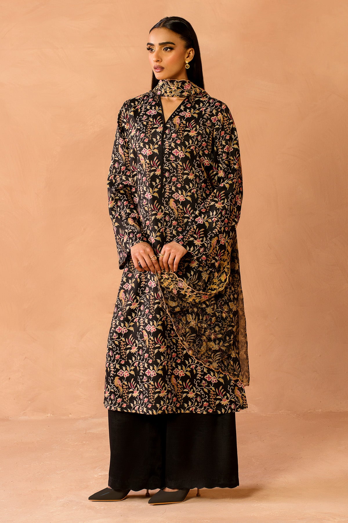 3 Piece - Printed & Embroidered Raw Silk Suit - MC2111 - Shop Now at Kayseria
