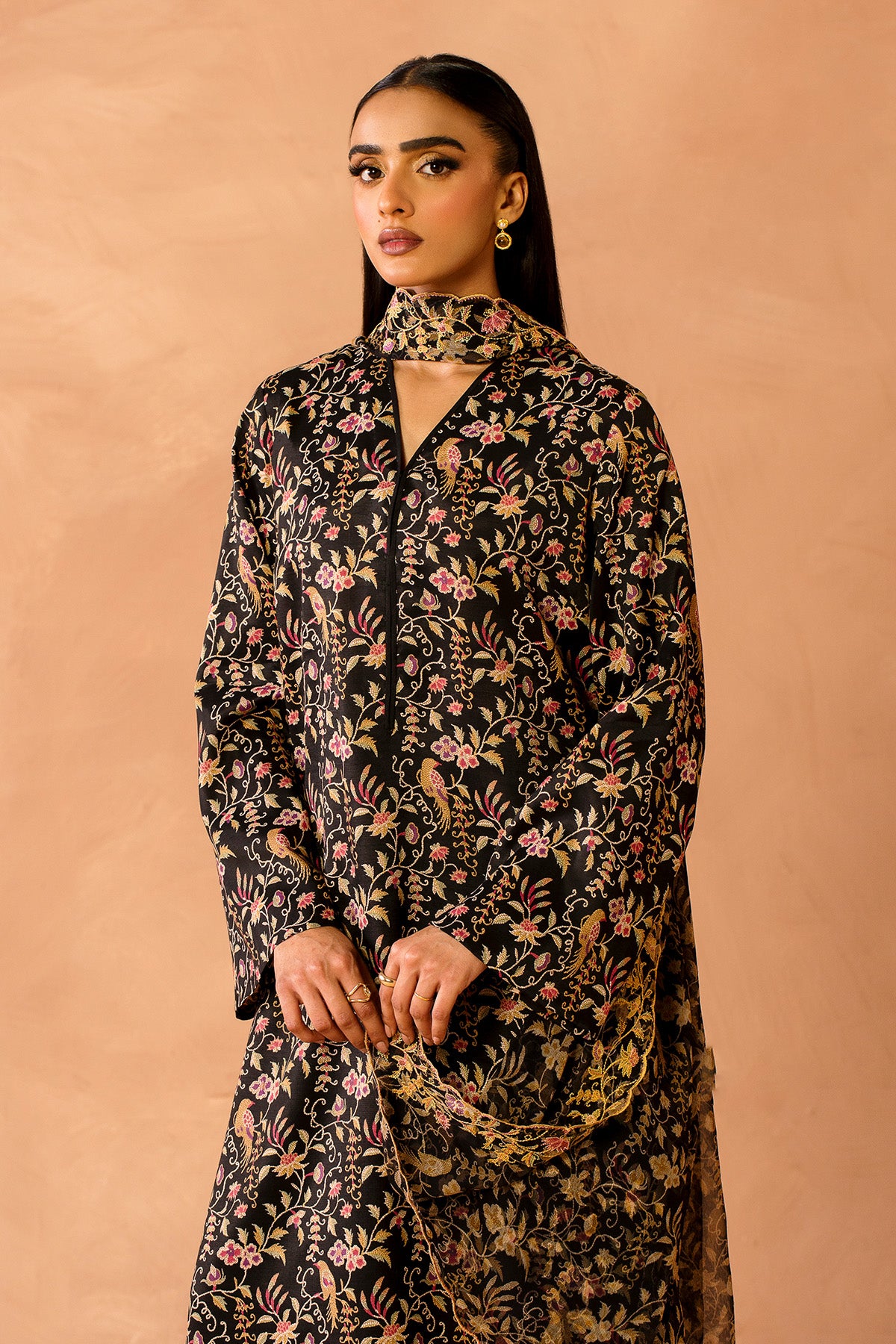 3 Piece - Printed & Embroidered Raw Silk Suit - MC2111 - Shop Now at Kayseria