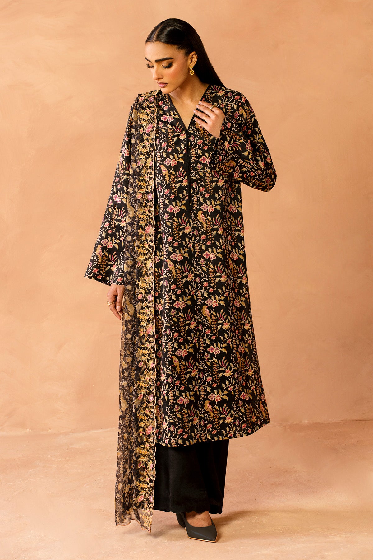 3 Piece - Printed & Embroidered Raw Silk Suit - MC2111 - Shop Now at Kayseria