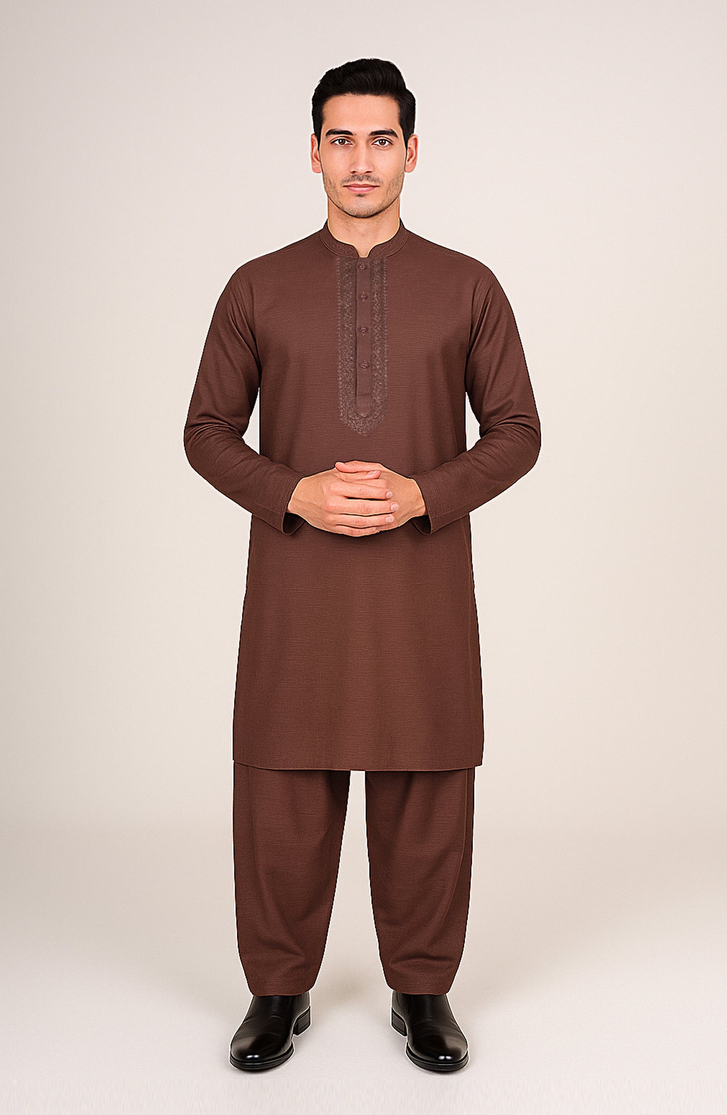 Men's 2 Piece Front Embroidered Band Collar Suit