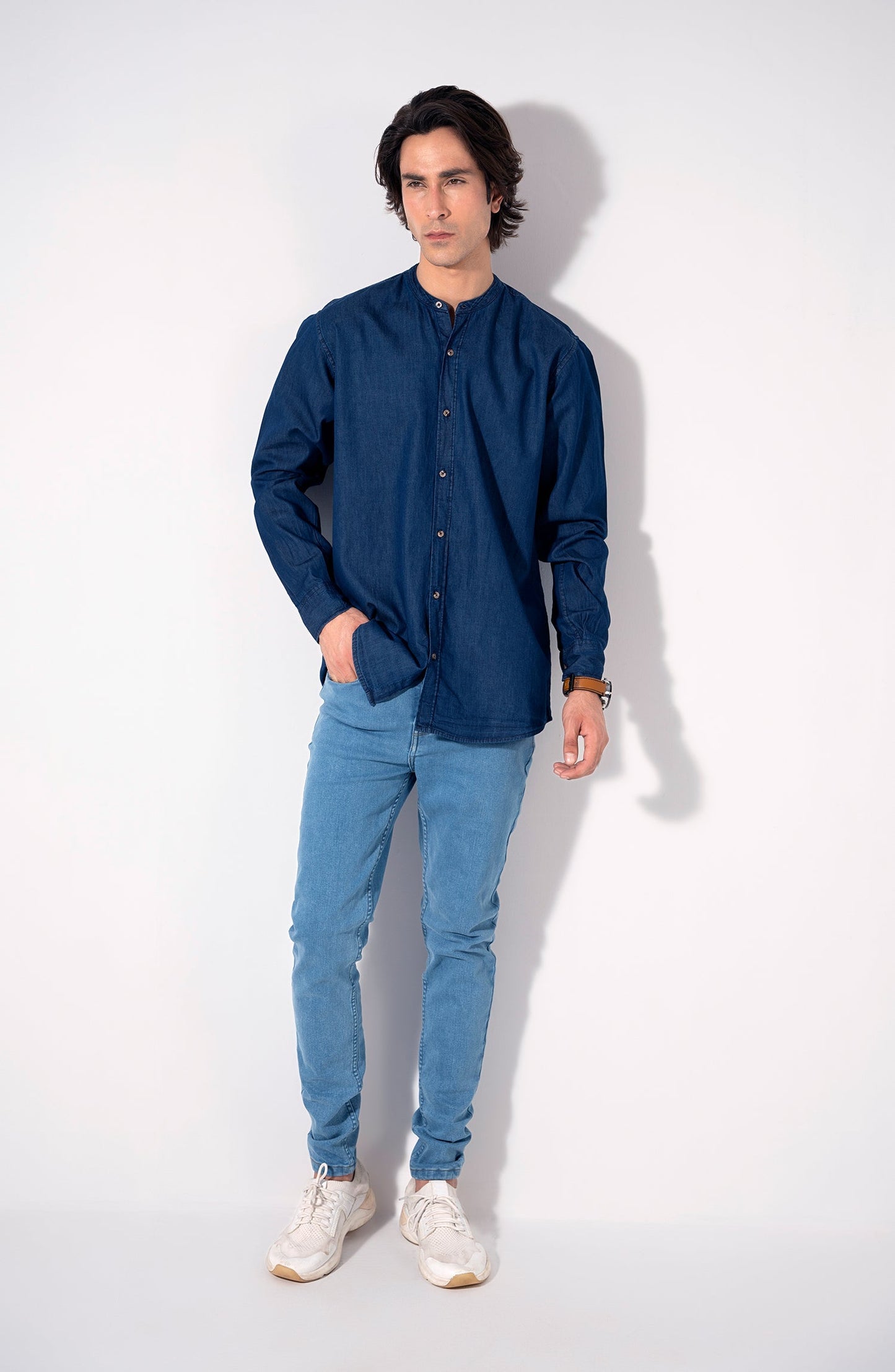 Mandarin Collar Denim Shirt
