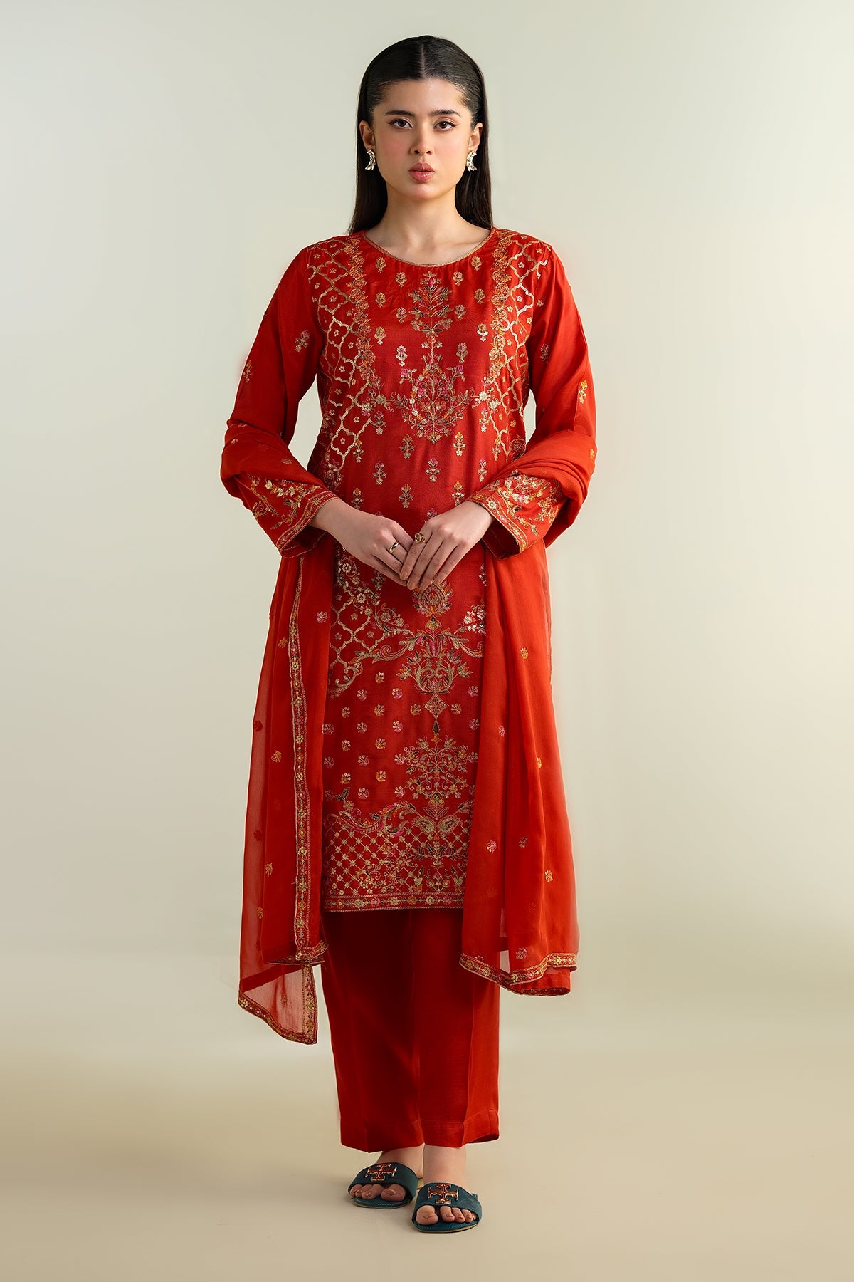 3 Piece - Embroidered Silk Suit - KPW24-P3161-161 - Shop Now at Kayseria