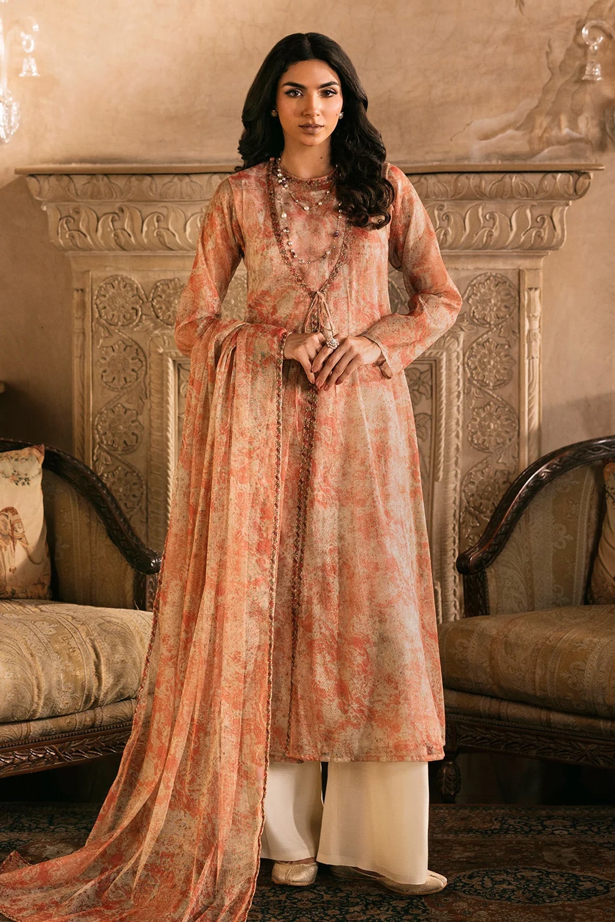 4 Piece - Printed & Embroidered Shimmer Net Suit - MCP1714 - Shop Now at Kayseria