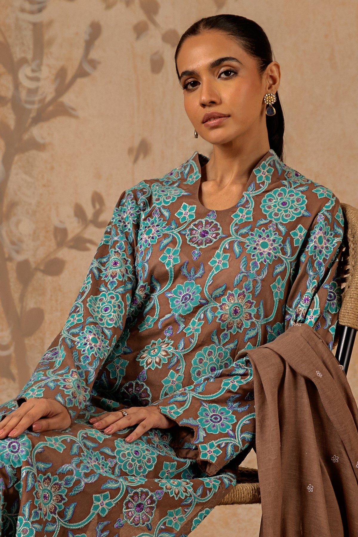 3 Piece - Dyed & Embroidered Malmal Suit - MC1215-27 - Shop Now at Kayseria