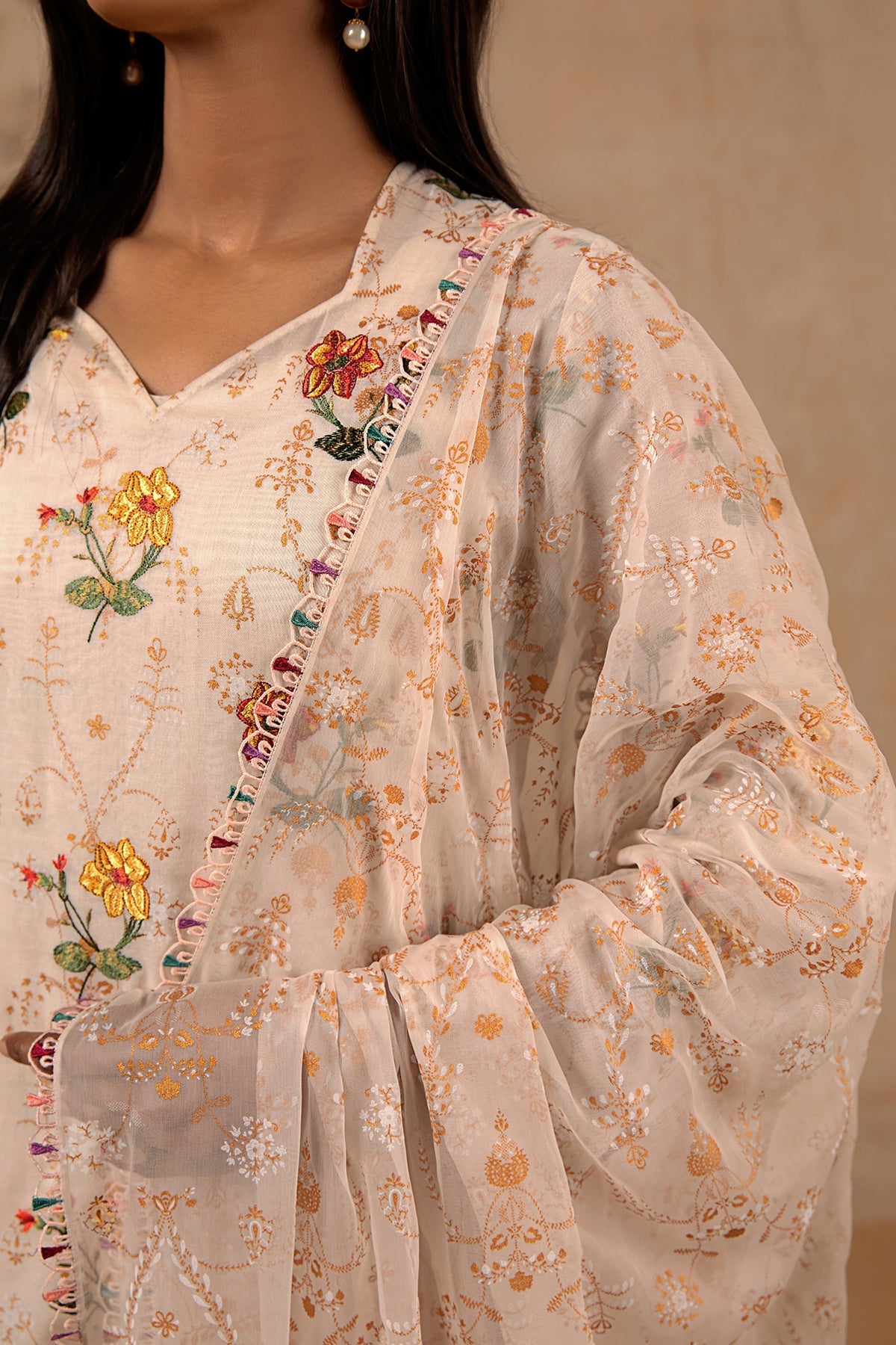 3 Piece - Printed & Embroidered Malmal Suit - MC1234-2 - Shop Now at Kayseria