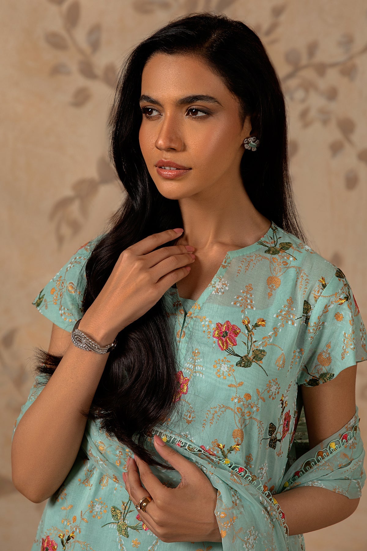 3 Piece - Printed & Embroidered Malmal Suit - MC1234-1 - Shop Now at Kayseria