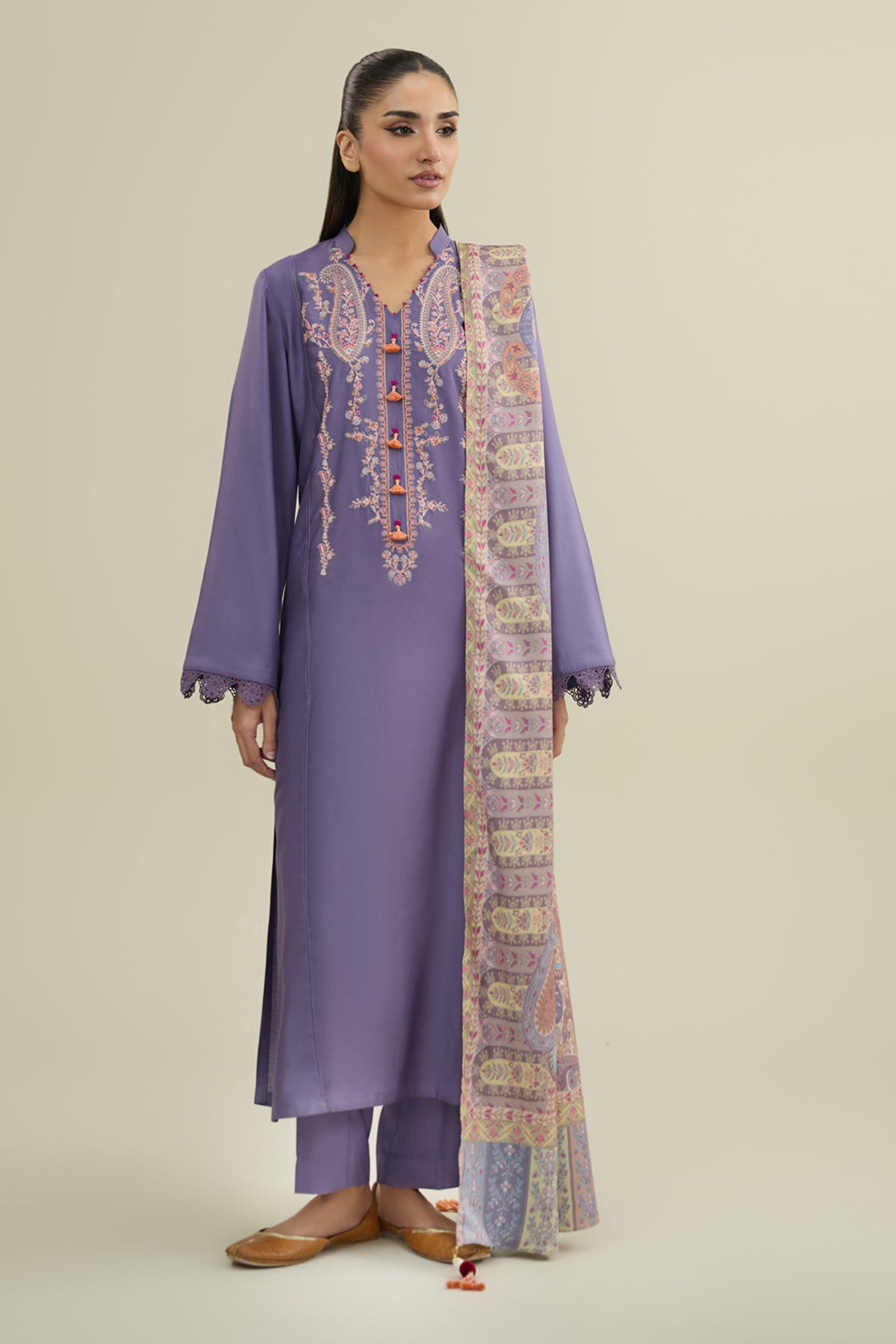 3 Piece - Printed & Embroidered Percale Suit - C6357 - Shop Now at Kayseria