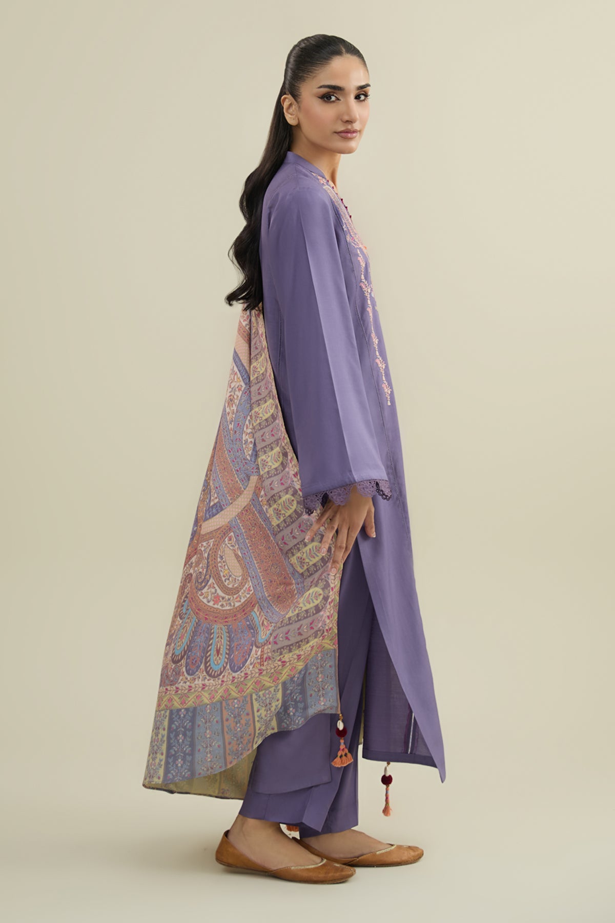 3 Piece - Printed & Embroidered Percale Suit - C6357 - Shop Now at Kayseria