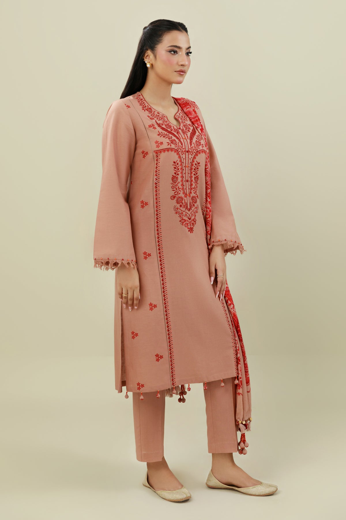 3 Piece - Printed & Embroidered Slub Khaddar Suit - C6413 - Shop Now at Kayseria