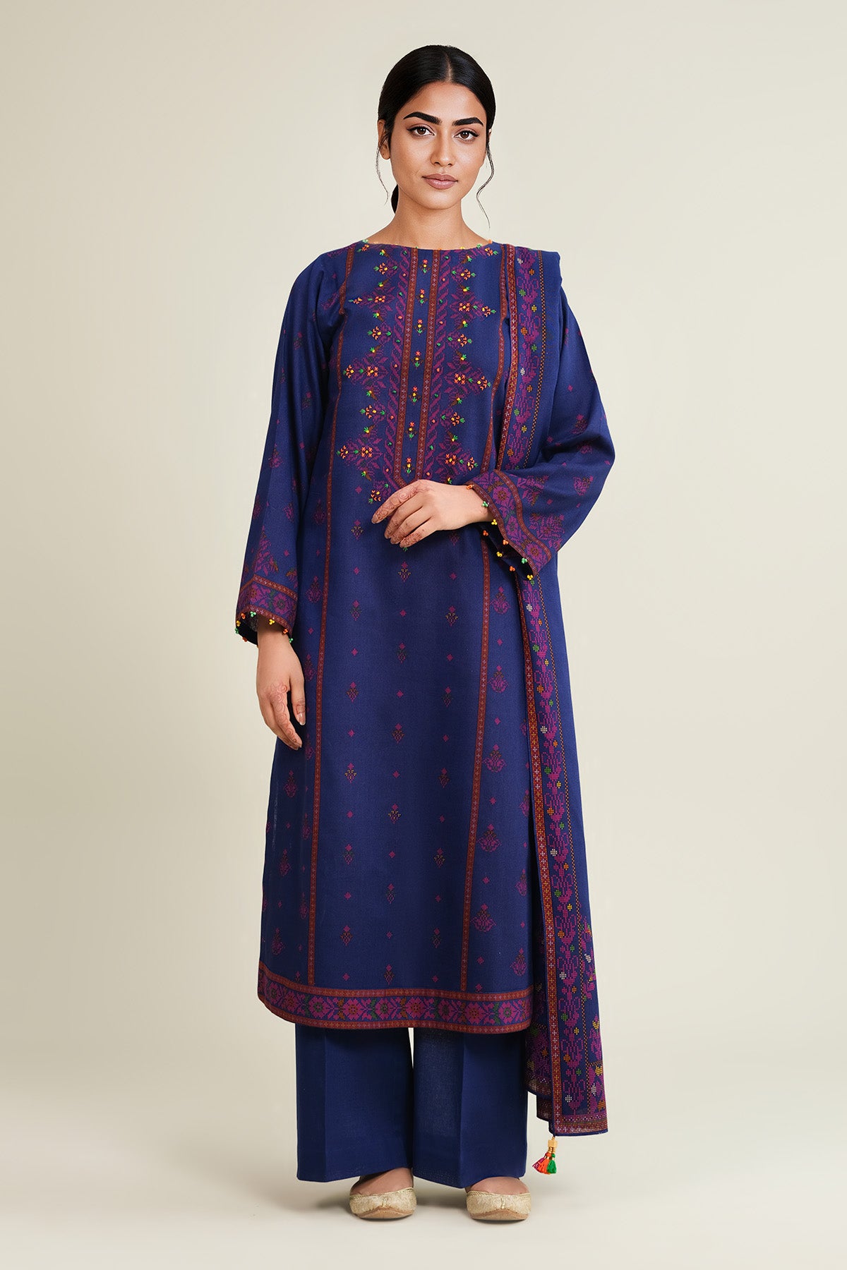 3 Piece - Printed & Embellished Khaddar Suit - C6446 - Shop Now at Kayseria