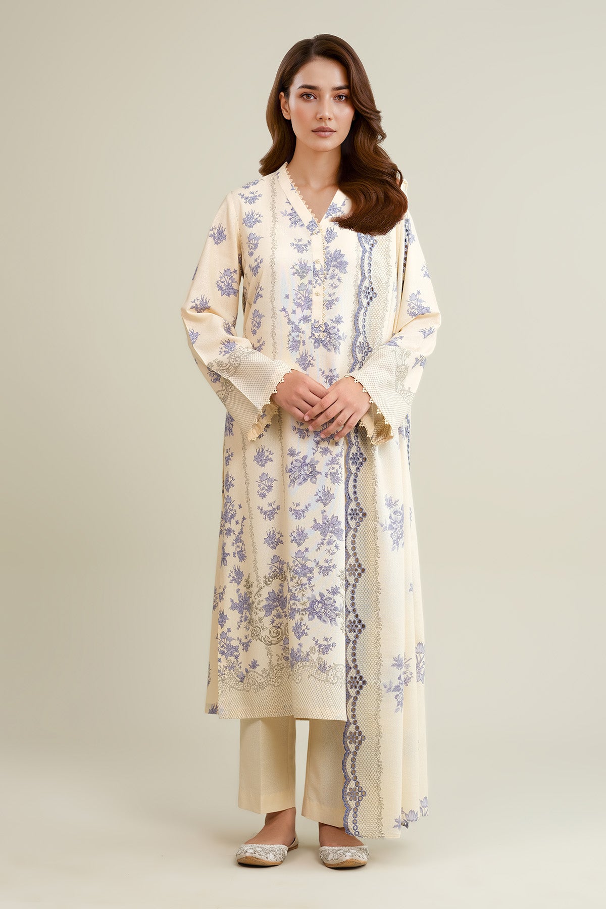 3 Piece - Printed & Embroidered Viscose Karandi Suit - C6455 - Shop Now at Kayseria
