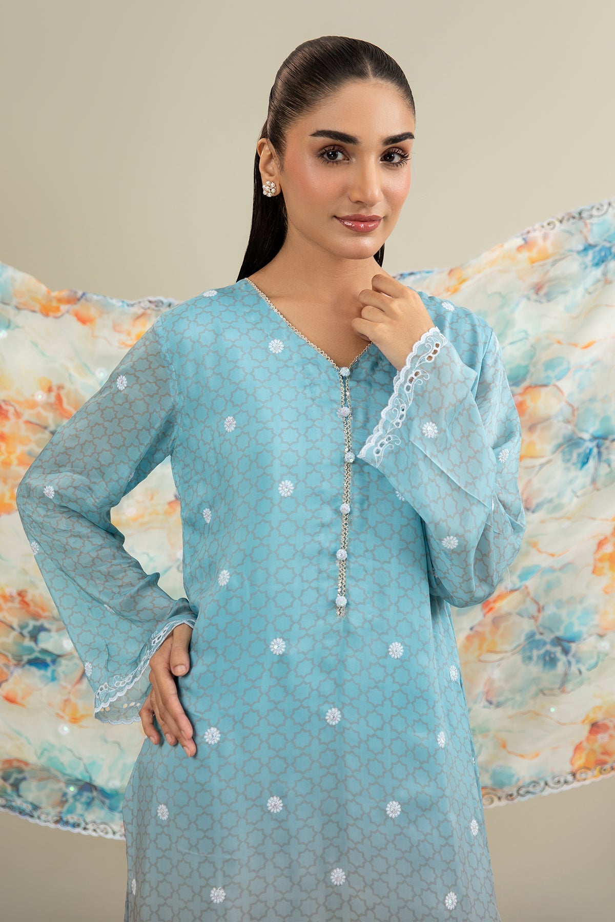 3 Piece - Printed & Embroidered Suit - E1718 - Shop Now at Kayseria
