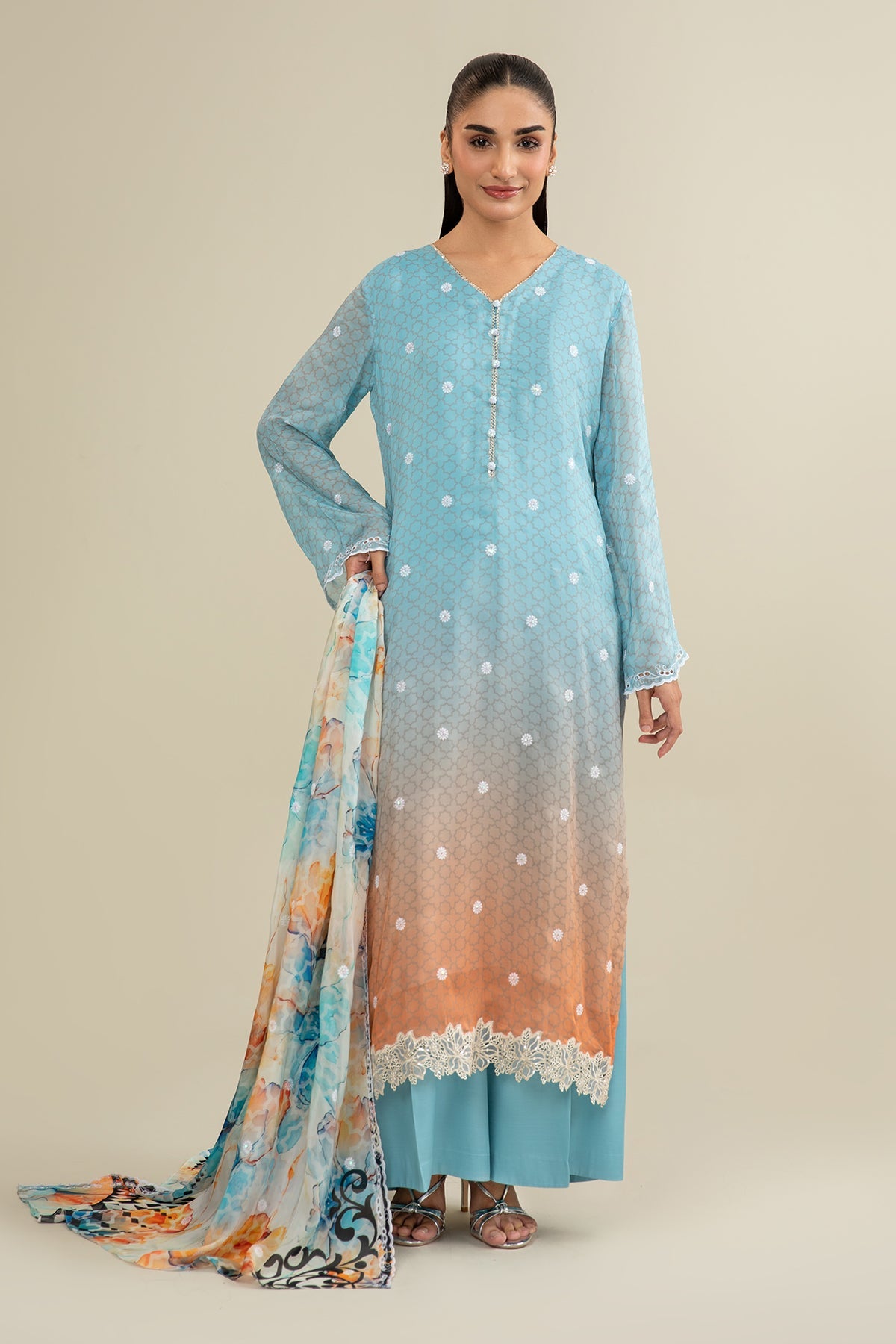 3 Piece - Printed & Embroidered Suit - E1718 - Shop Now at Kayseria
