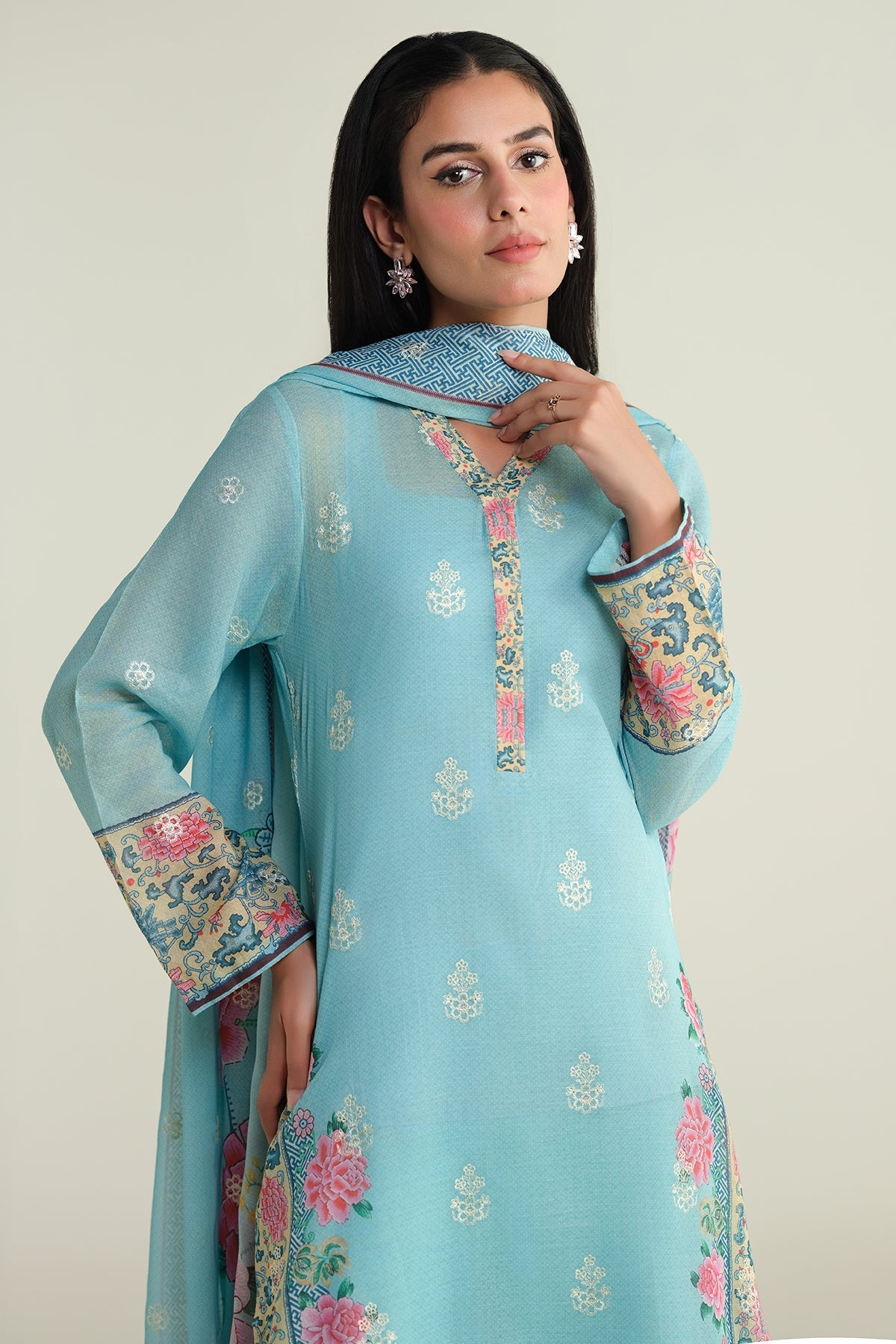 3 Piece - Printed & Embroidered Suit - E1736 - Shop Now at Kayseria