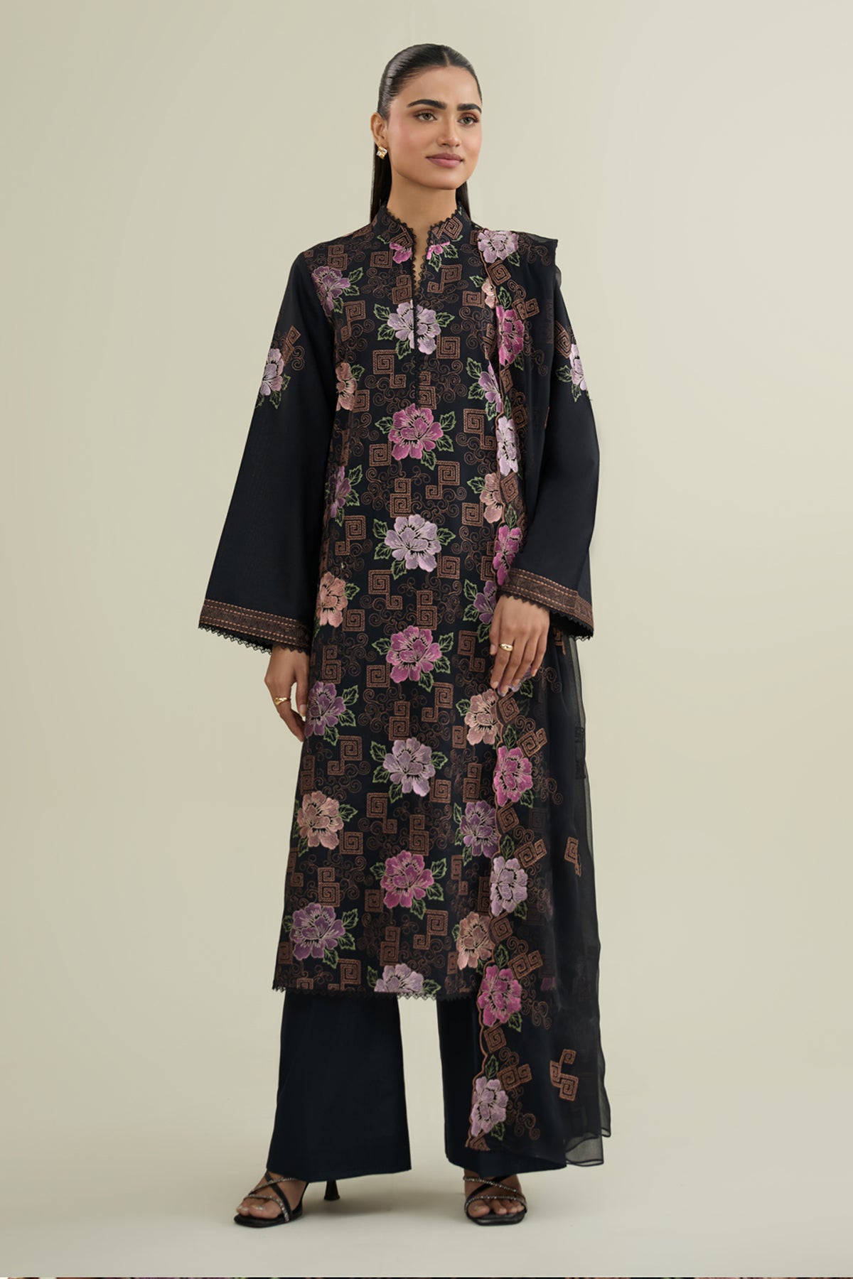 3 Piece - Embroidered Viscose Karandi Suit - E1771 - Shop Now at Kayseria