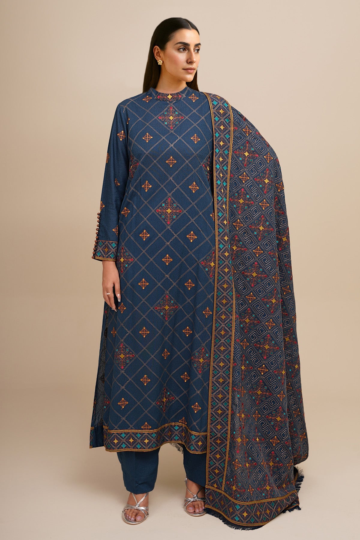3 Piece - Embroidered Viscose Karandi Suit - E1774 - Shop Now at Kayseria