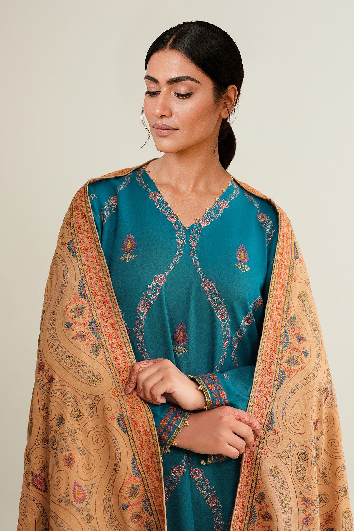 3 Piece - Embroidered Viscose Karandi Suit - E1776 - Shop Now at Kayseria